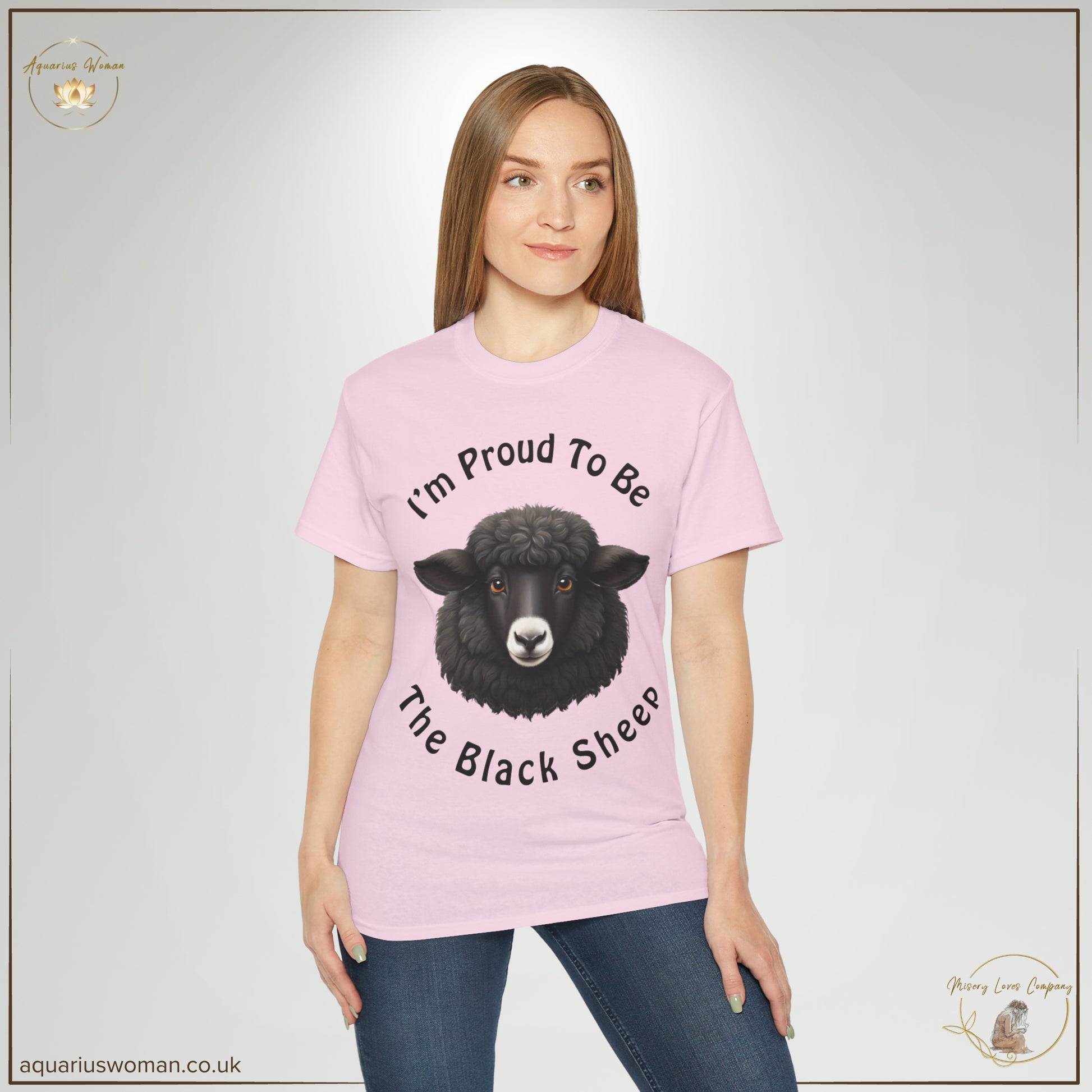 Aquarius Woman's "I'm Proud to be the Black Sheep" from Misery Loves Company Collection with a woman wearing a pink t-shirt