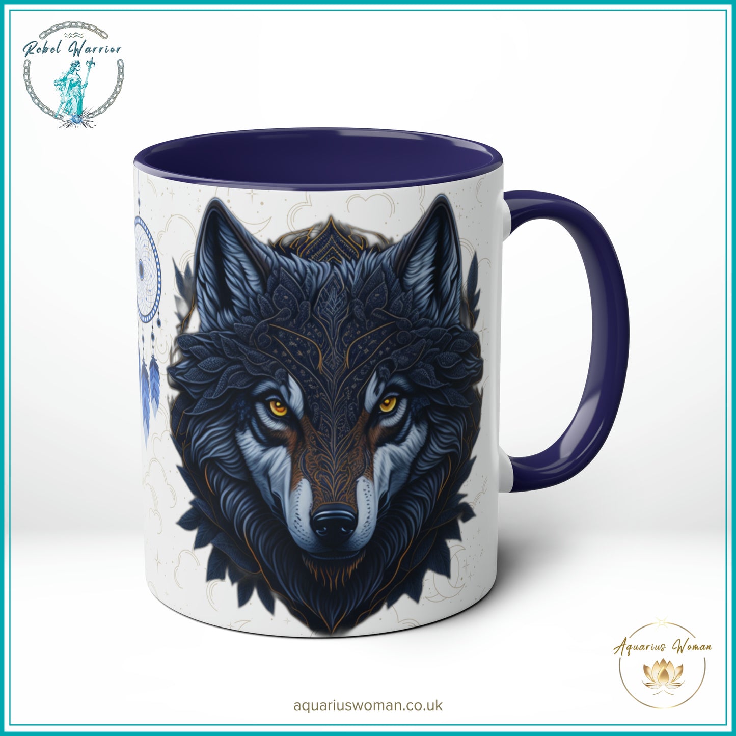 Aquarius Woman Rebel Warrior Collection Mug – Lone Wolf Geometric and Dreamcatcher Design