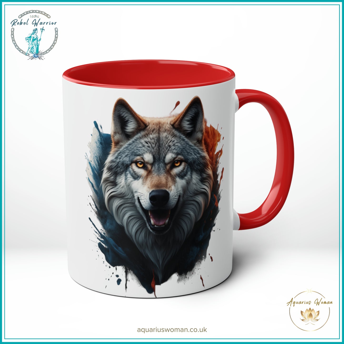 Aquarius Woman Rebel Warrior "Wild Spirit Wolf" Mug – Bold Teal & Amber Design