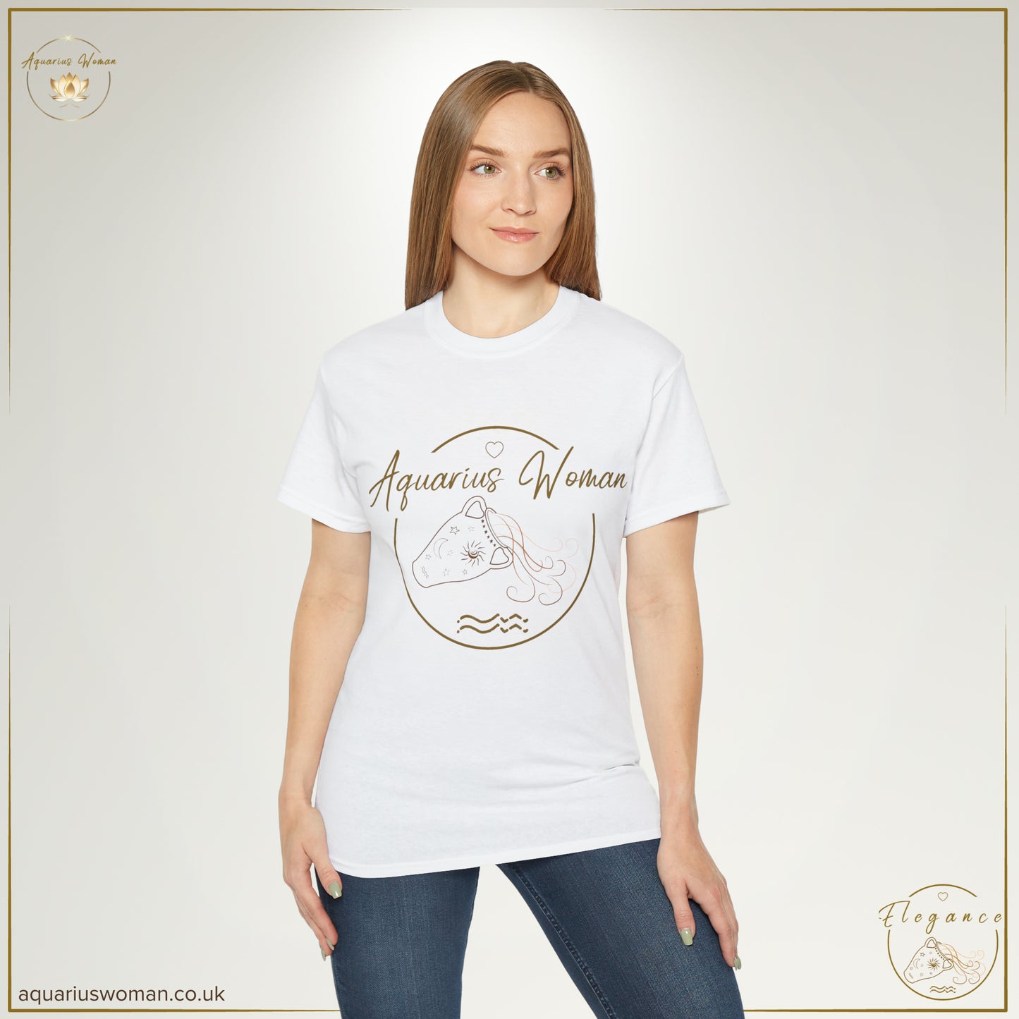 Aquarius Woman Original Logo Tee - Elegance Collection - Model in white t-shirt