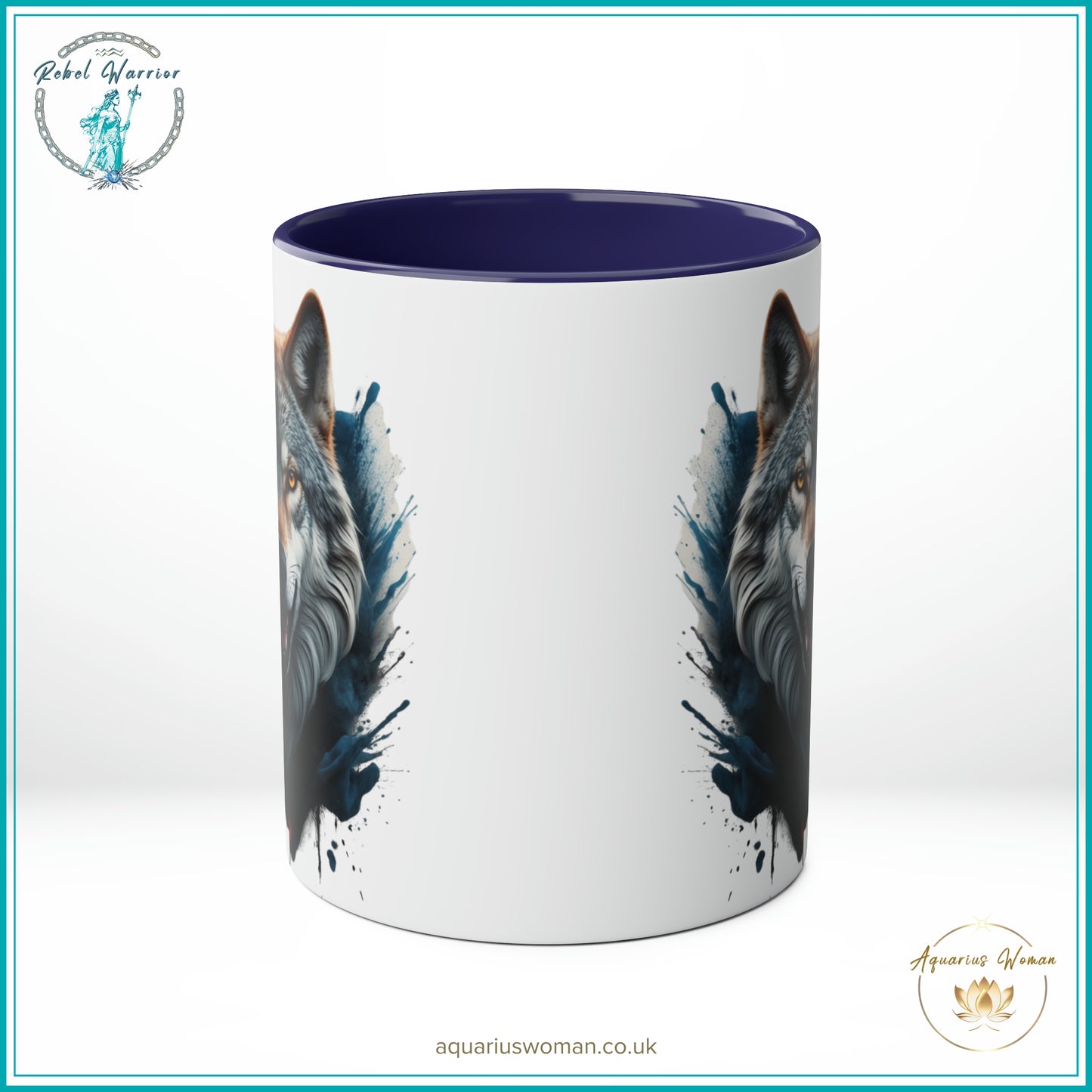 Aquarius Woman Rebel Warrior "Wild Spirit Wolf" Mug – Bold Teal & Amber Design