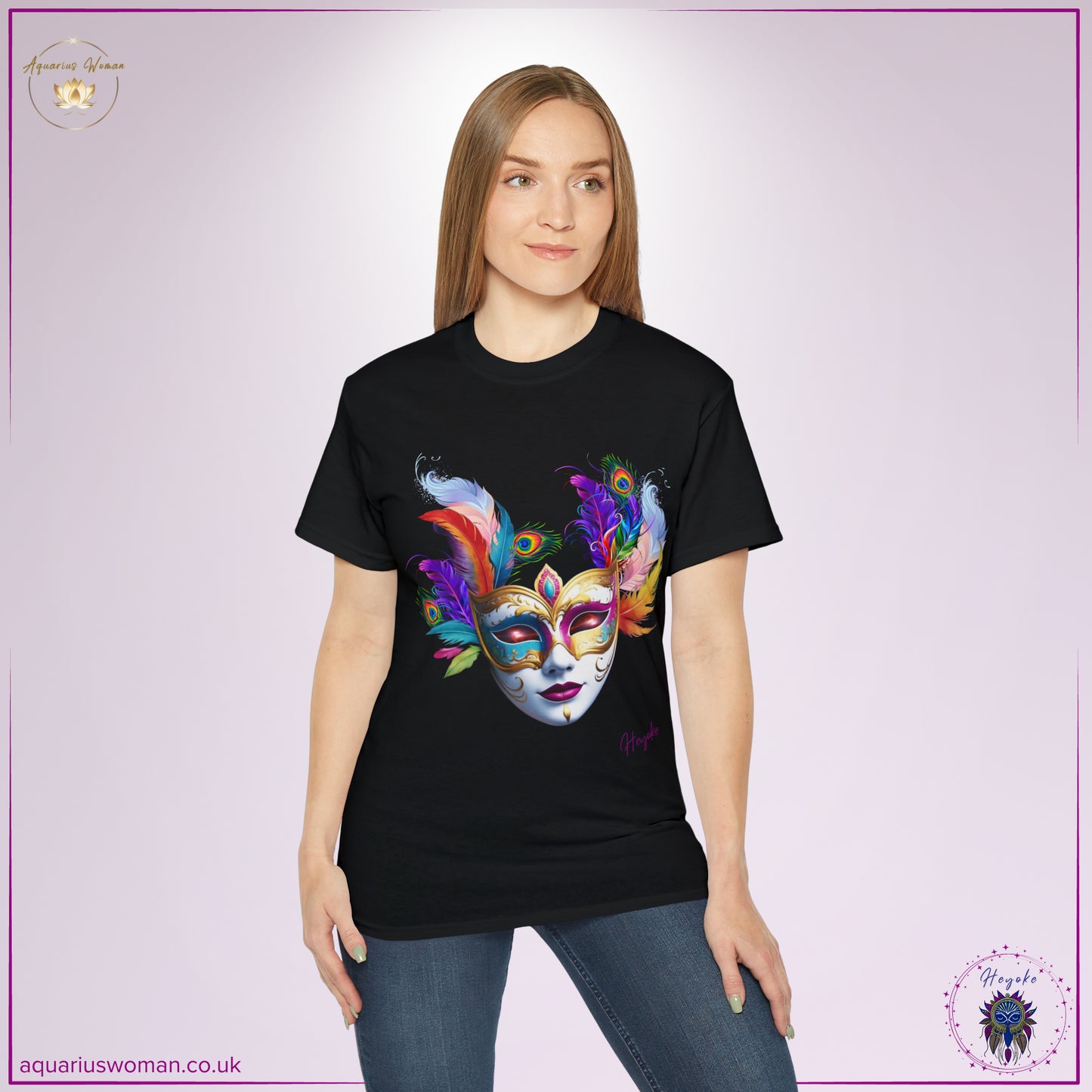 Aquarius Woman's Heyoke Collection: "Cosmic Masquerade" Tee Shirt - in person - Black