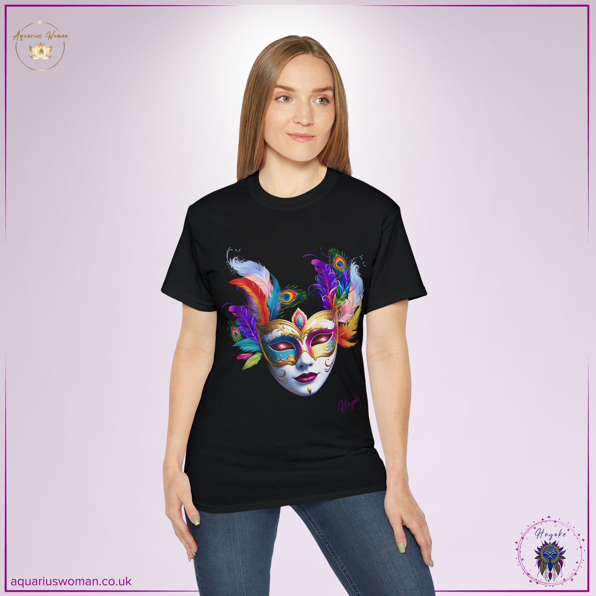 Aquarius Woman's Heyoke Collection: "Cosmic Masquerade" Tee Shirt - in person - Black