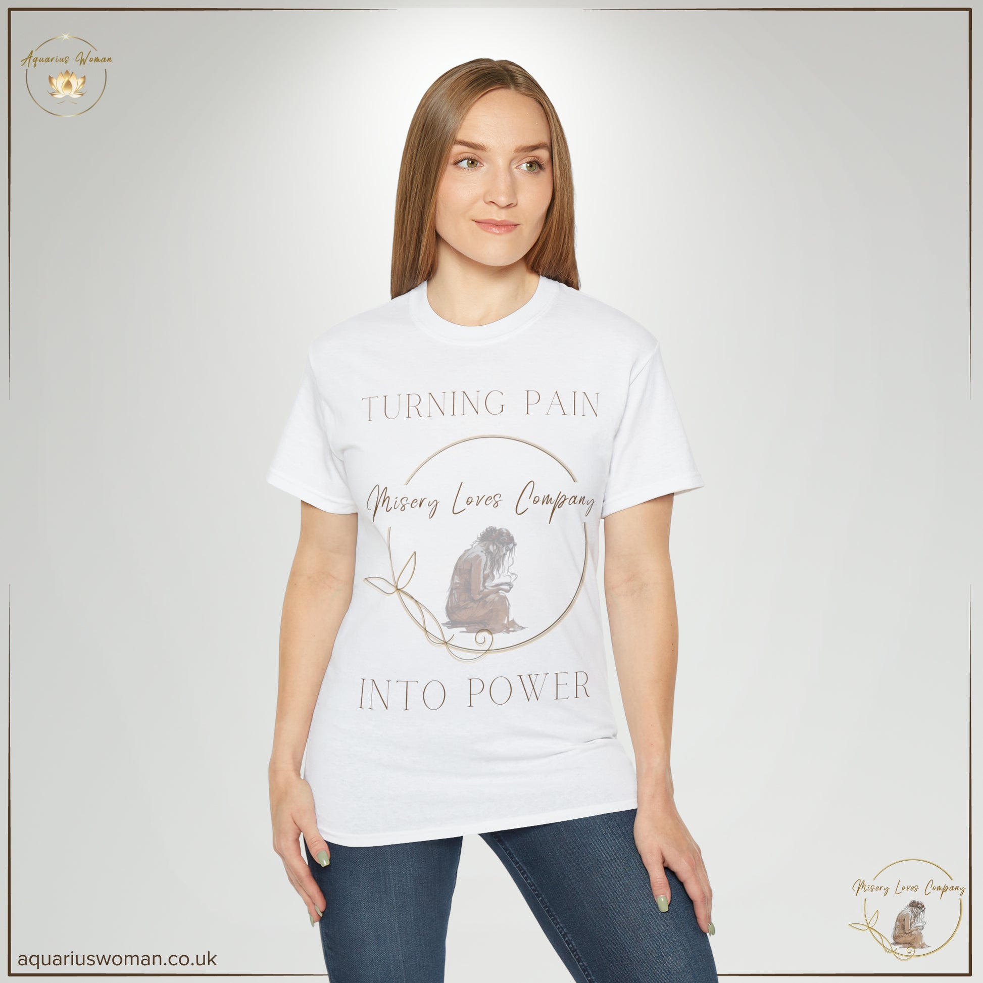 Misery Loves Company: Transforming Pain into Power" Tee from Aquarius Woman - Model wearing White