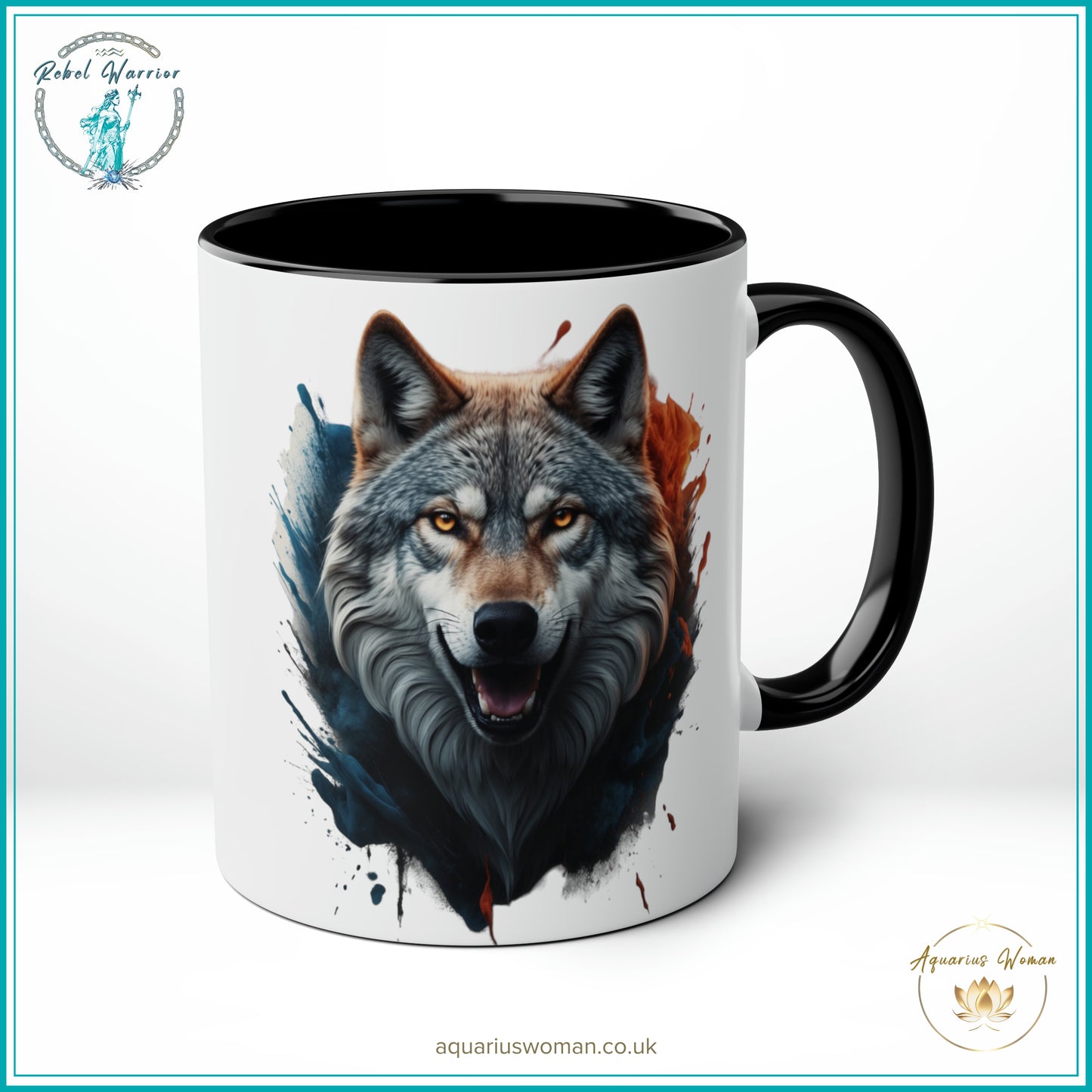 Aquarius Woman Rebel Warrior "Wild Spirit Wolf" Mug – Bold Teal & Amber Design