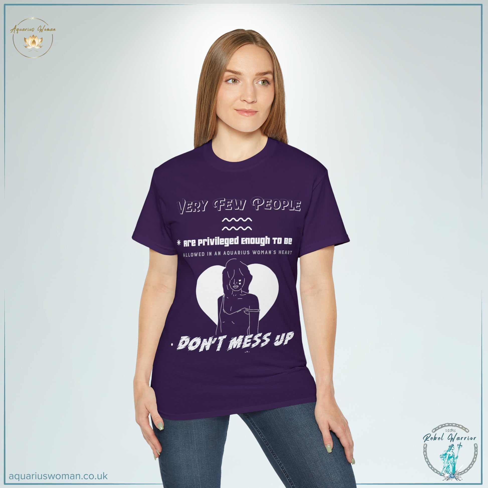 Aquarius Woman Tee Shirt: Rebel Warrior Collection - "Don't Mess Up" - Model wearing purple -shirt
