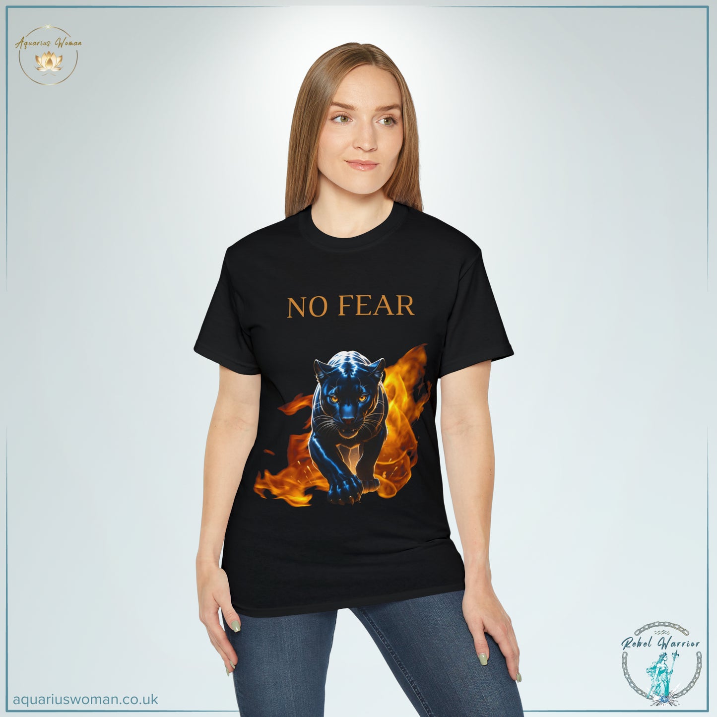 No Fear Rebel Warrior Collection Panther Tee from Aquarius Woman with a woman wearing a black t-shirt