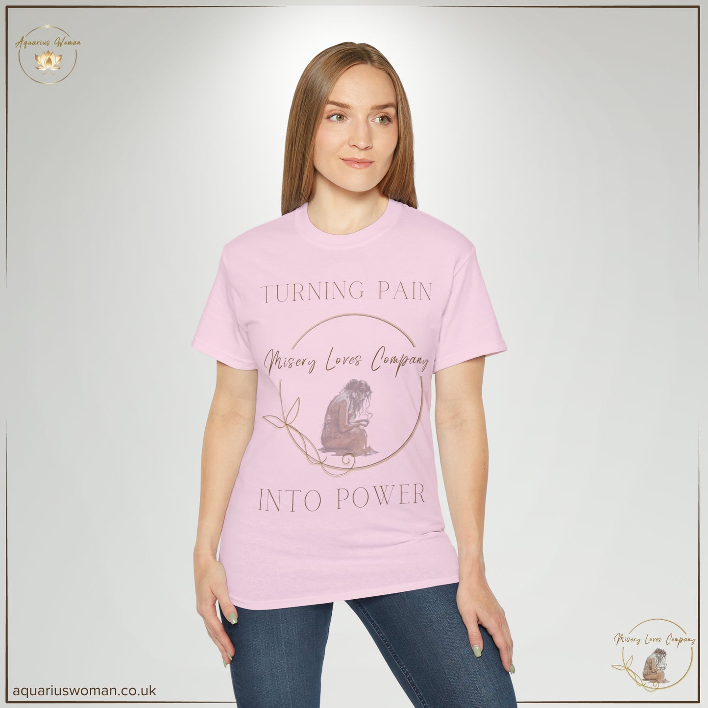 Misery Loves Company: Transforming Pain into Power" Tee from Aquarius Woman - Model wearing Pink