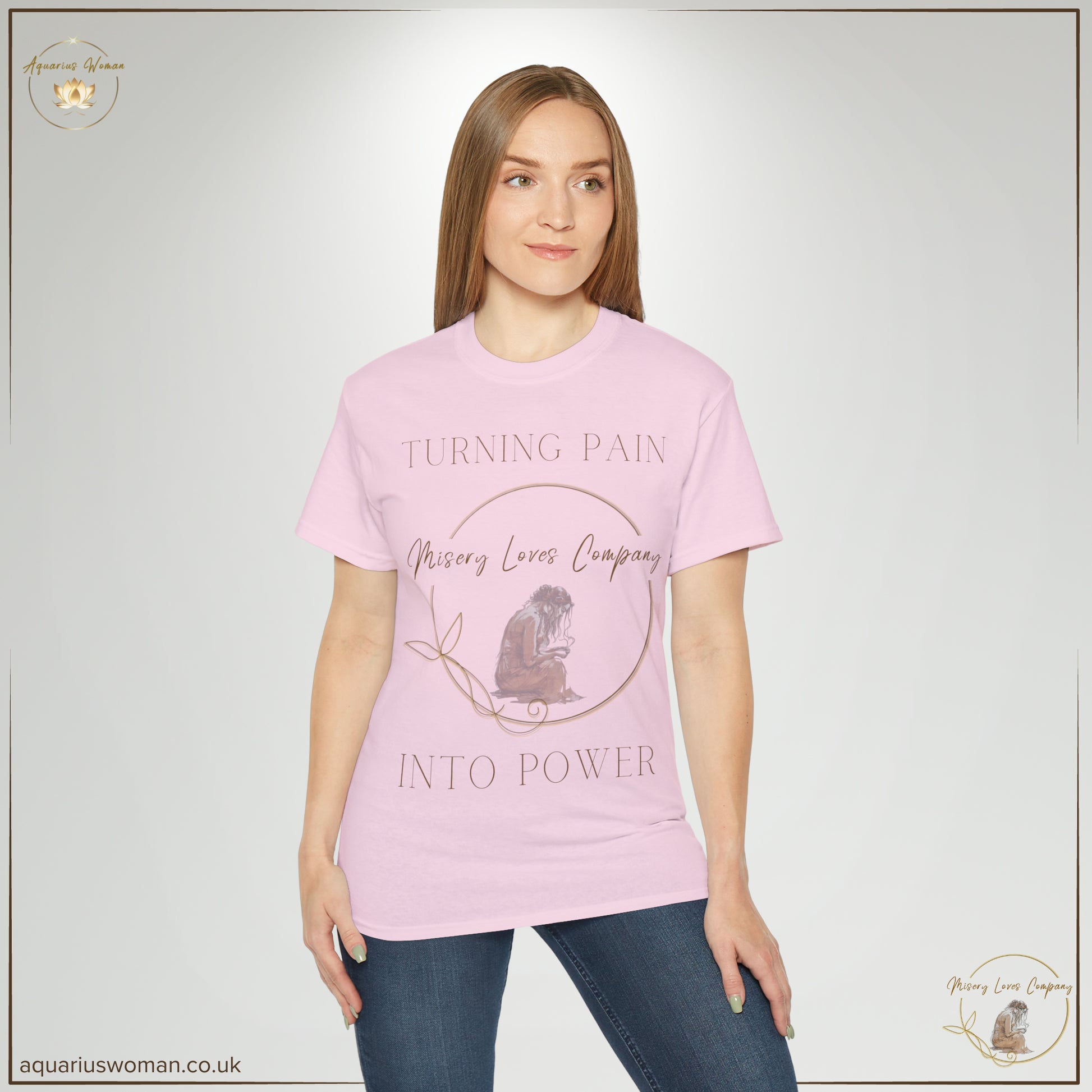Misery Loves Company: Transforming Pain into Power" Tee from Aquarius Woman - Model wearing Pink