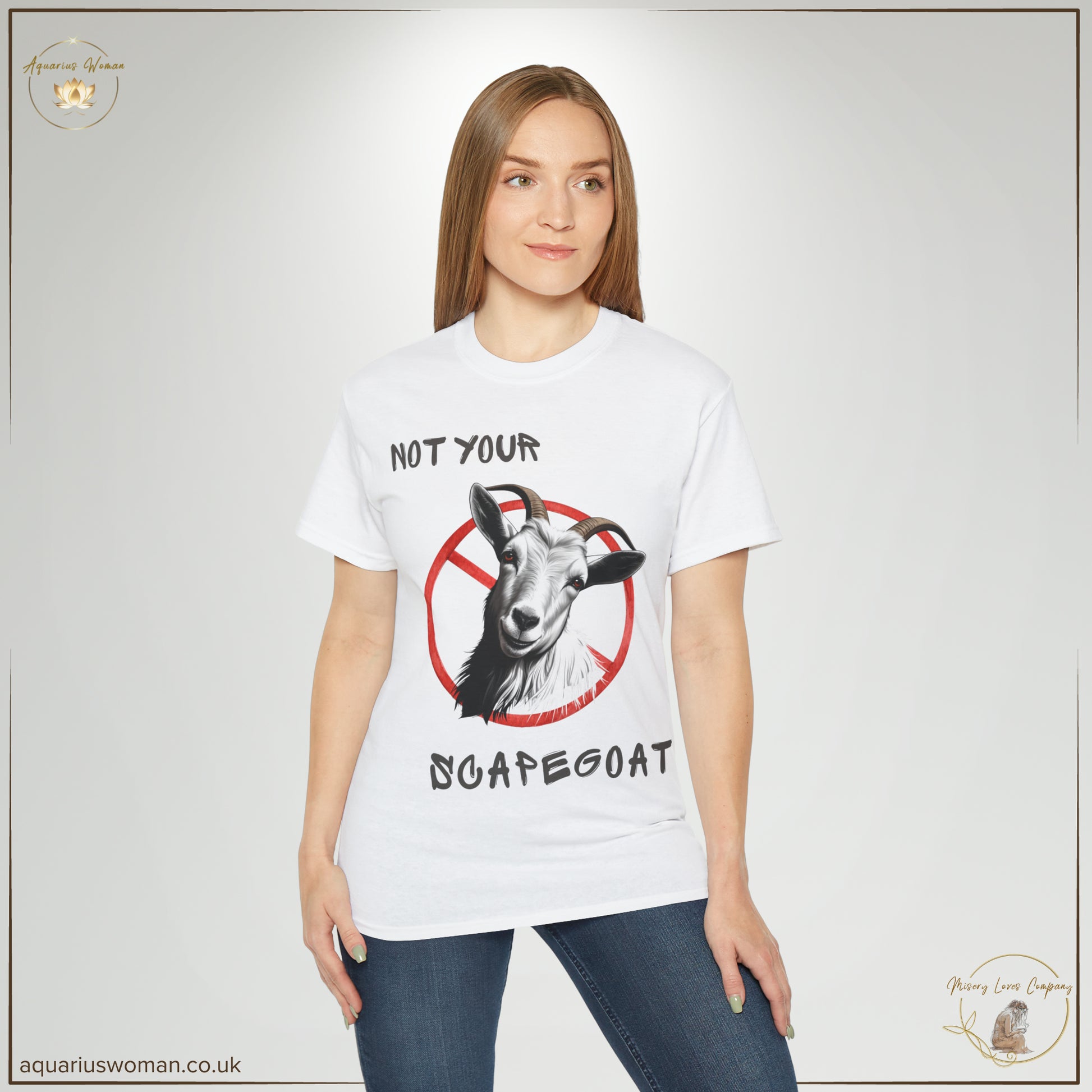 Aquarius Woman's Not Your Scapegoat Tee from the Misery Loves Company Collection - lady wearing white t-shirt