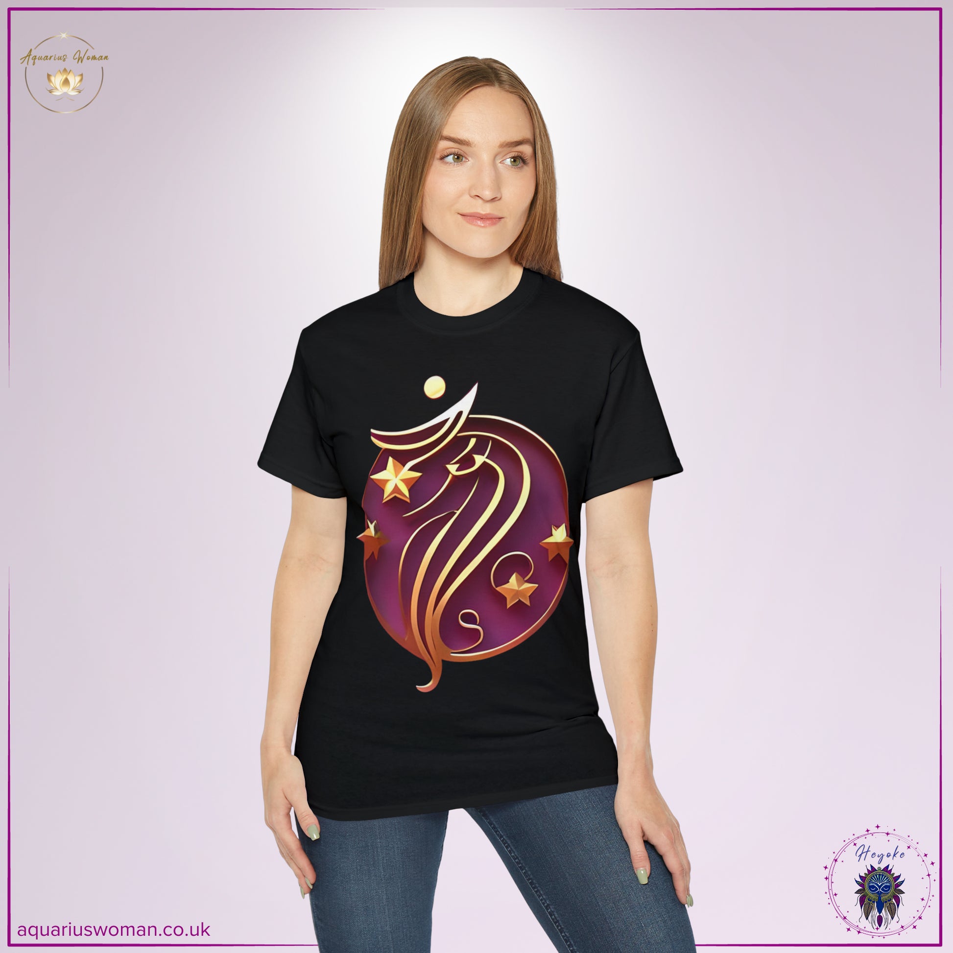 Aquarius Woman - Zodiac Elegant Abstract Design - Heyoke Collection - Model Wearing Black Tee