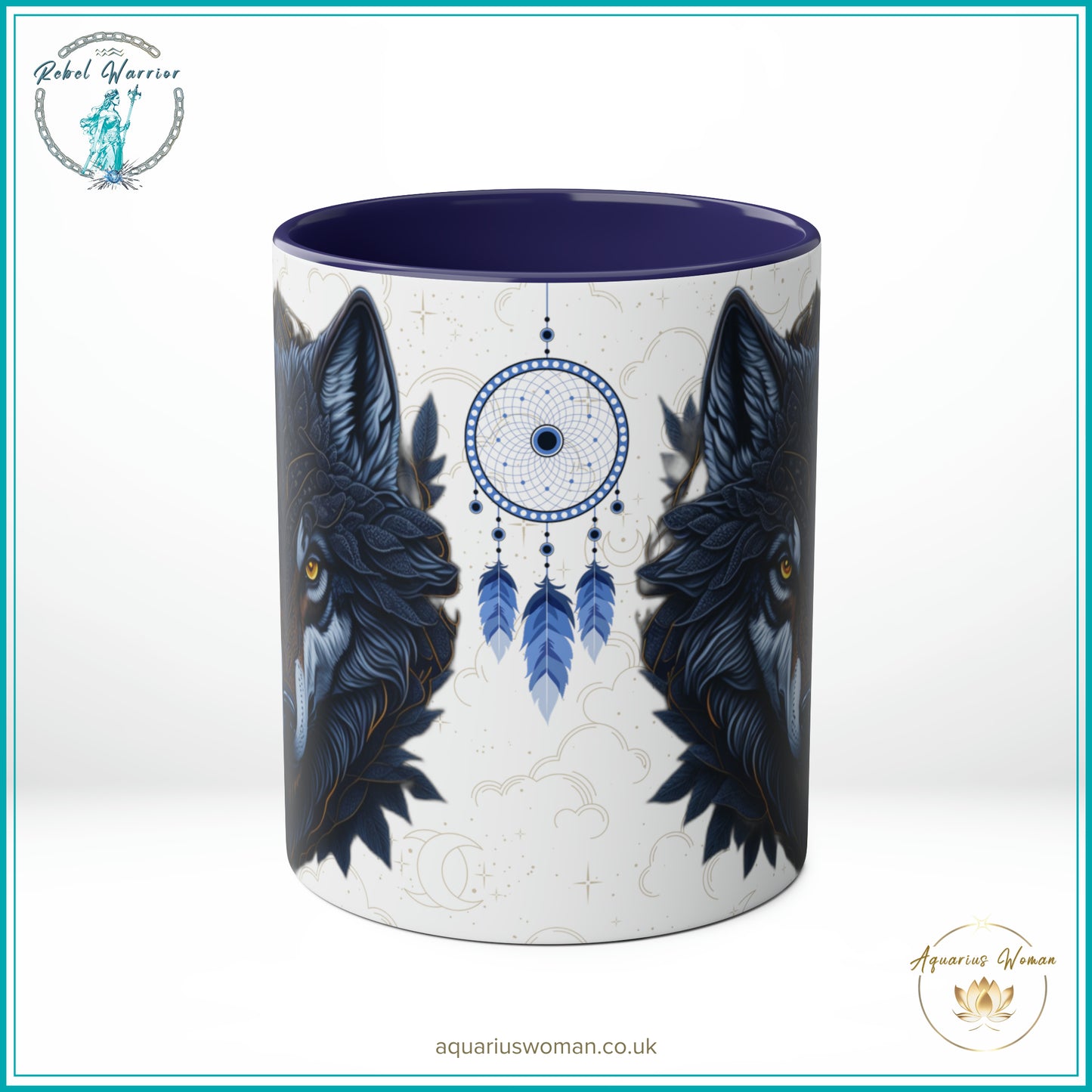 Aquarius Woman Rebel Warrior Collection Mug – Lone Wolf Geometric and Dreamcatcher Design