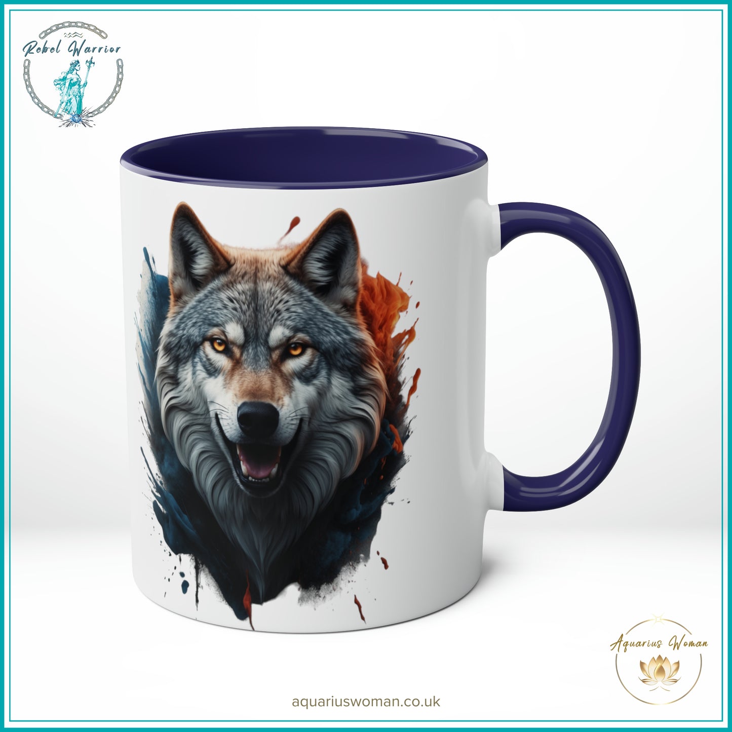Aquarius Woman Rebel Warrior "Wild Spirit Wolf" Mug – Bold Teal & Amber Design