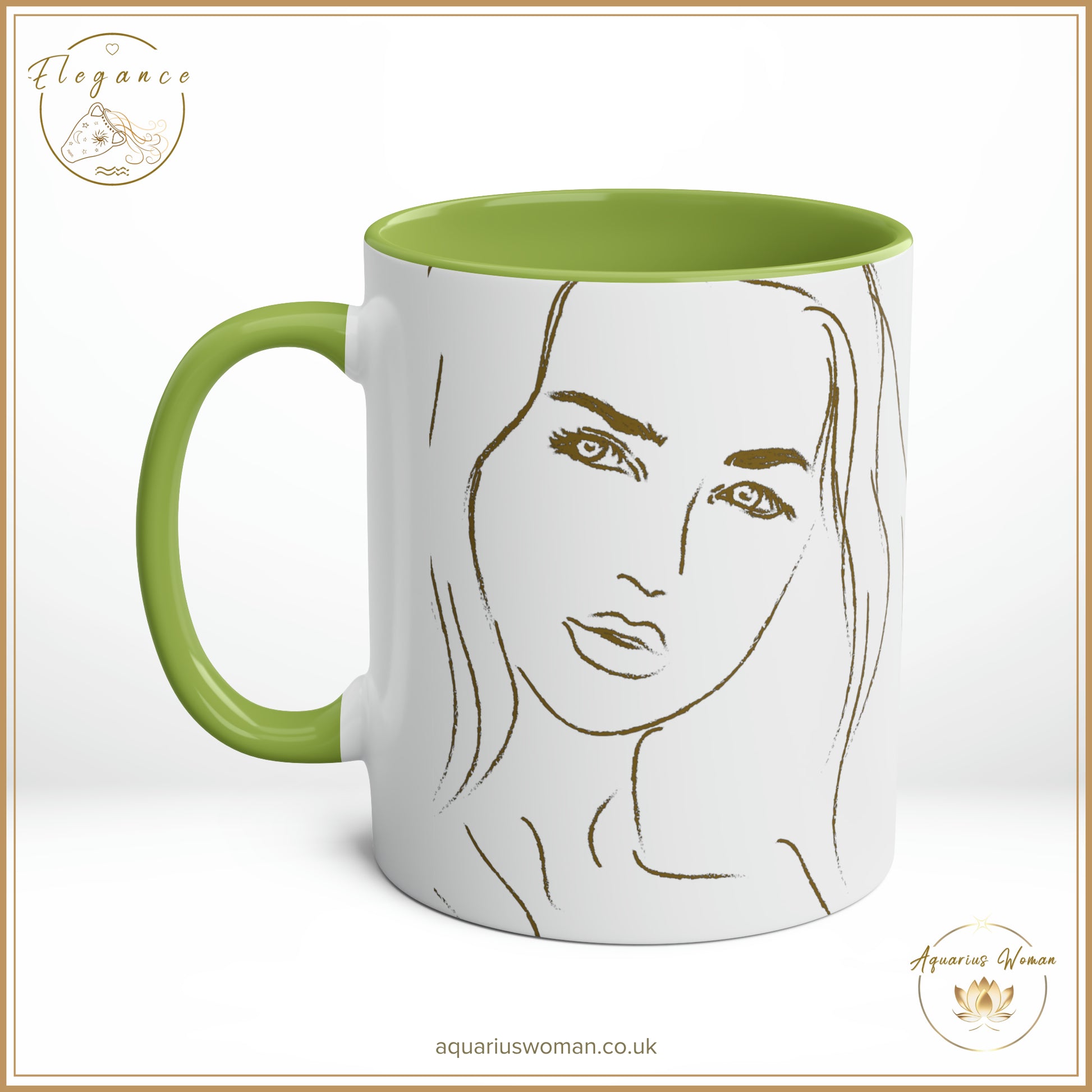 Aquarius Woman - I Can and I Will - Just Watch Mug from the Elegance Range  "Original Line Drawing" Green - Right