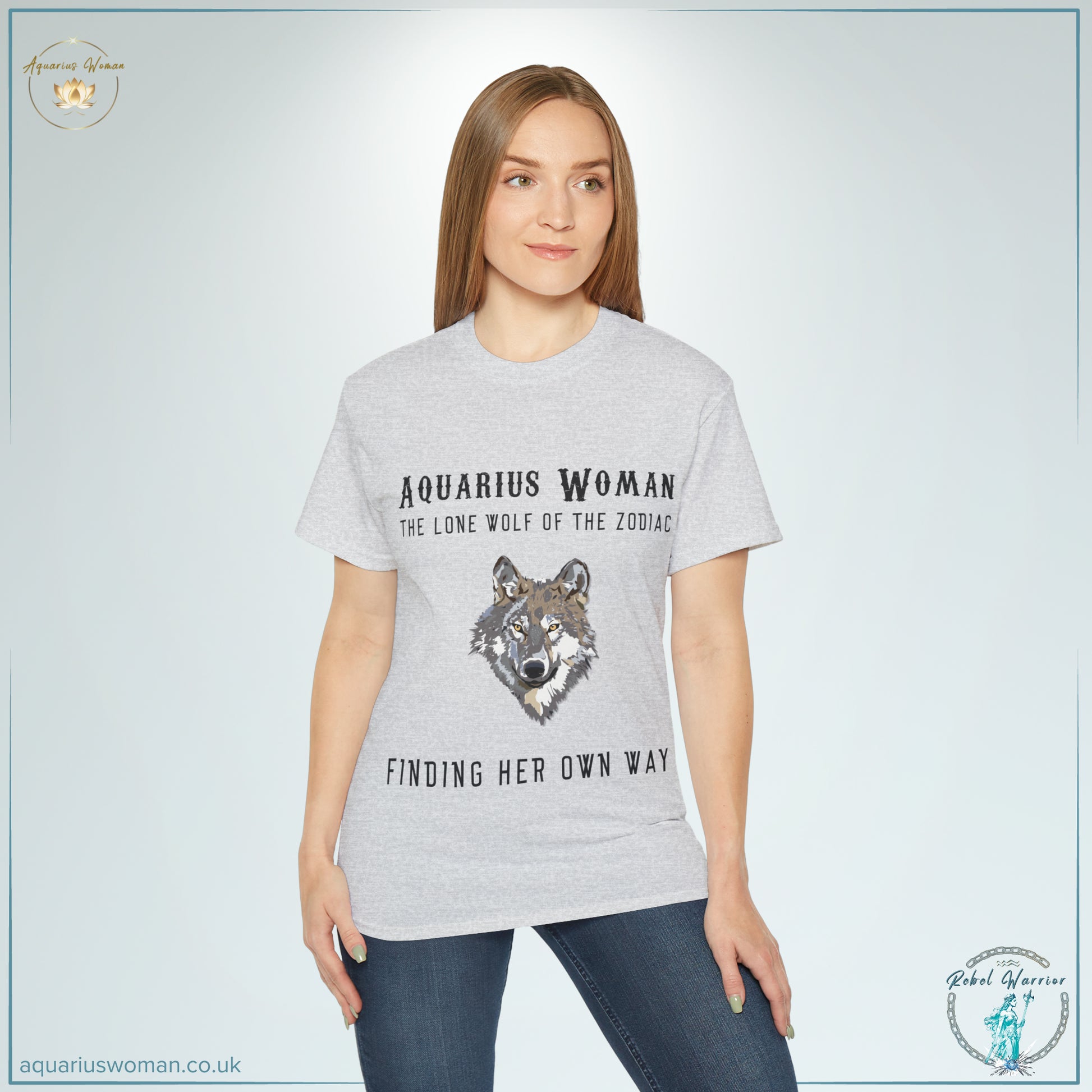 Aquarius Woman Tee: Embrace Your Lone Wolf Spirit from the Rebel Warrior Collection with a model wearing a ash grey t-shirt