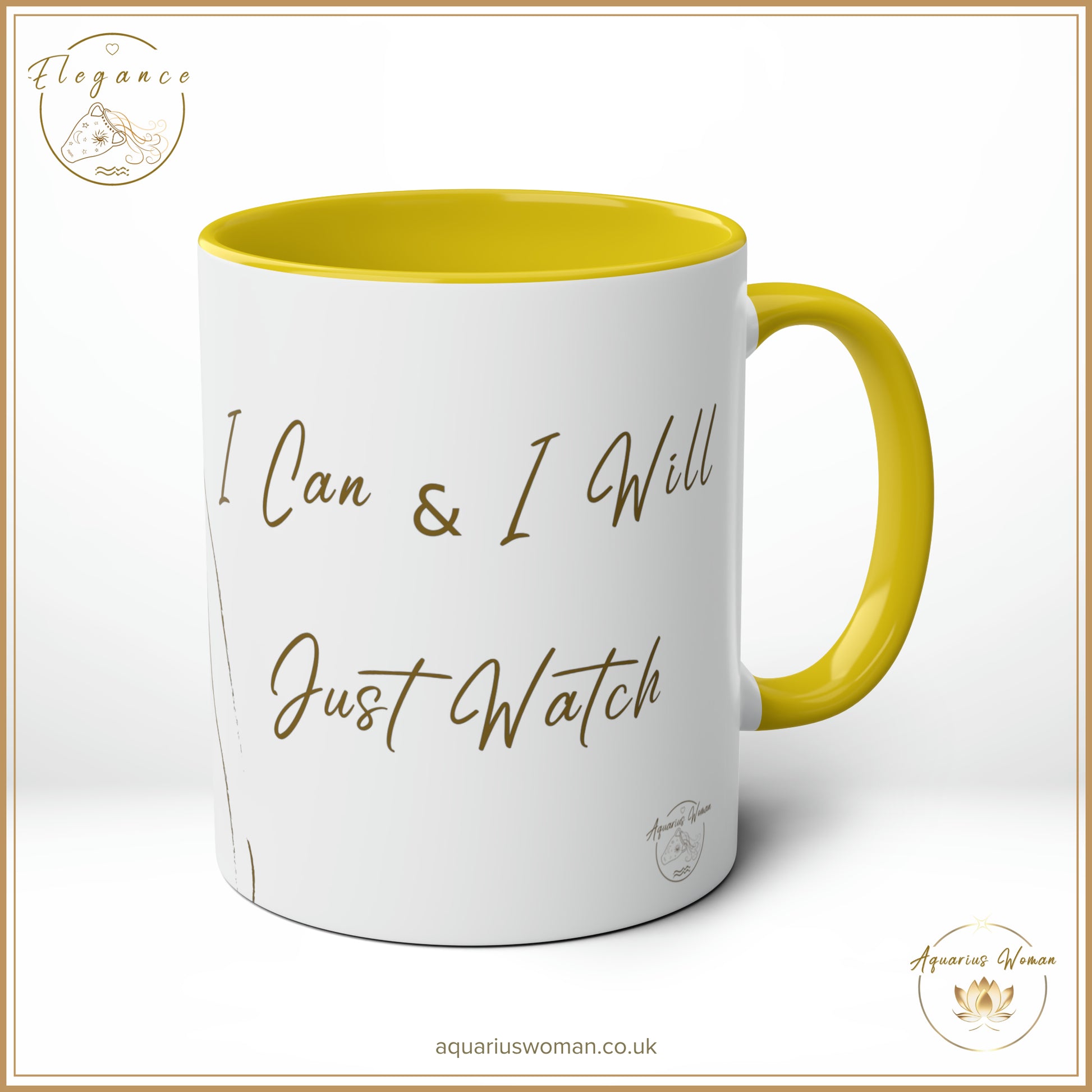 Aquarius Woman - I Can and I Will - Just Watch Mug from the Elegance Range  "Original Line Drawing" Yellow - Left