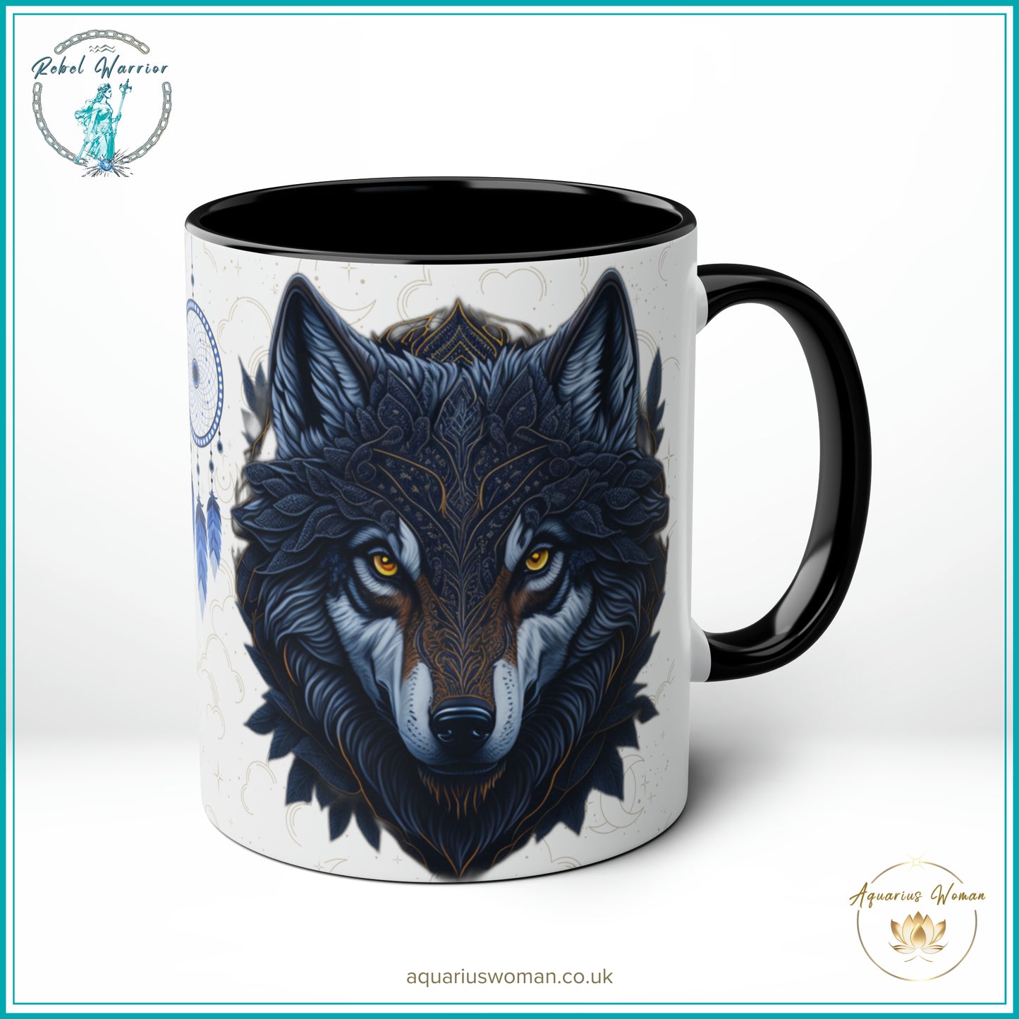 Aquarius Woman Rebel Warrior Collection Mug – Lone Wolf Geometric and Dreamcatcher Design