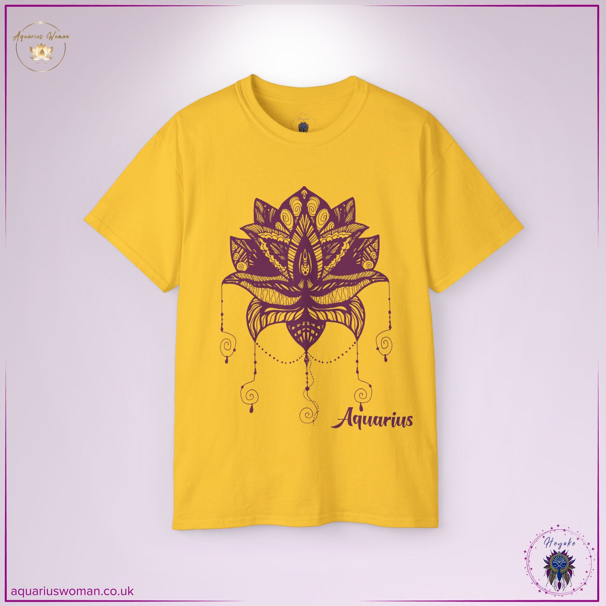 The Aquarius Ascension Tee in daisy yellow radiates enlightenment and positivity. Featuring an intricate lotus and dreamcatcher motif, this spiritual design symbolises intuition, cosmic connection, and the Aquarius energy of universal awakening.