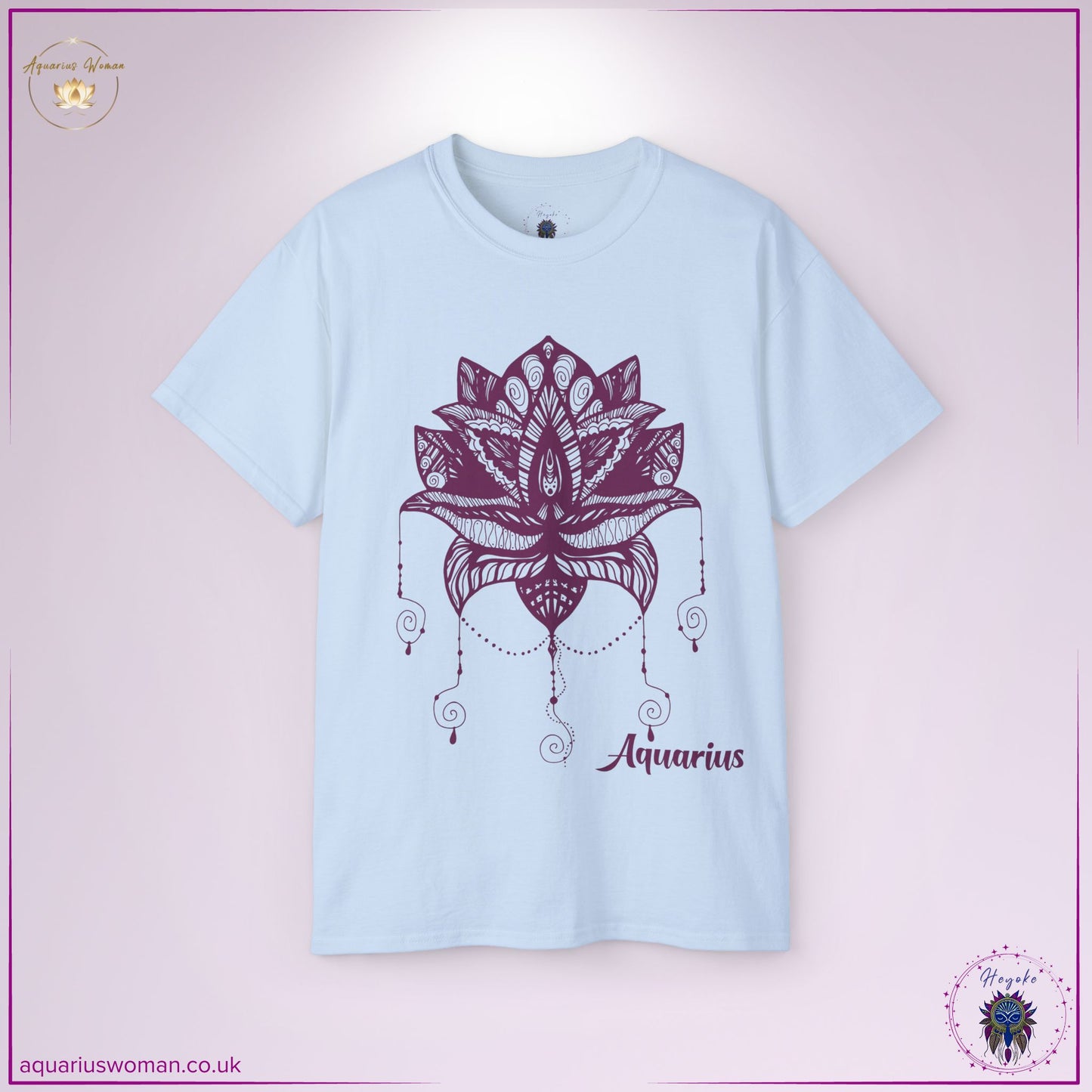 The Aquarius Ascension Tee in light blue blends celestial and spiritual elements in a delicate lotus and dreamcatcher design. Representing higher wisdom and transformation, this esoteric piece channels the intuitive, visionary nature of Aquarius energy."