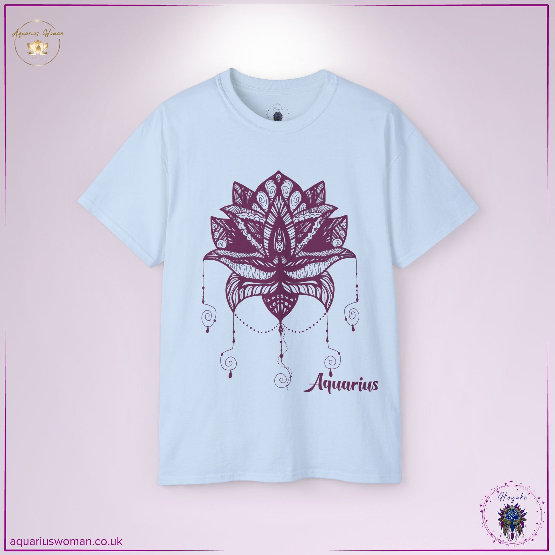 The Aquarius Ascension Tee in light blue blends celestial and spiritual elements in a delicate lotus and dreamcatcher design. Representing higher wisdom and transformation, this esoteric piece channels the intuitive, visionary nature of Aquarius energy."