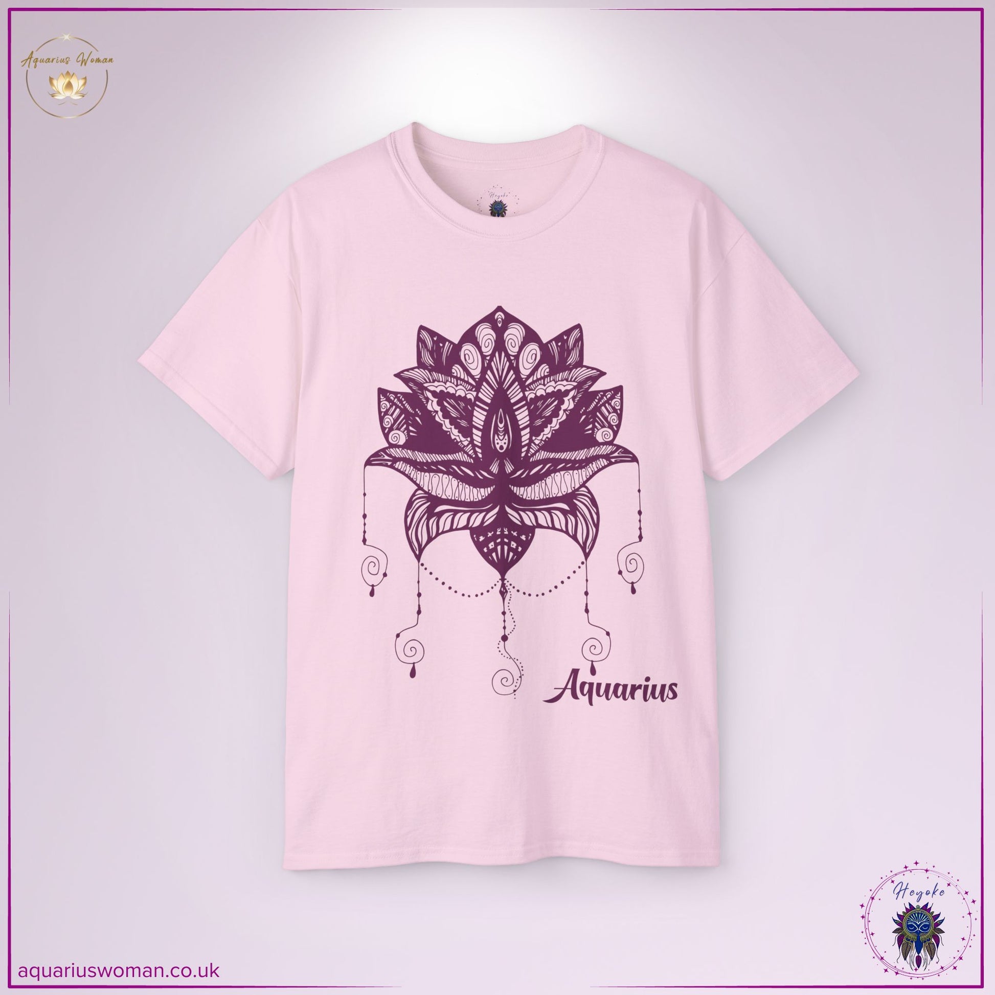 The Aquarius Ascension Tee in soft pink is a serene and elegant statement of spiritual growth. Featuring a sacred lotus entwined with a dreamcatcher, this detailed design represents intuition, healing, and cosmic alignment—perfect for mystics and visionaries.
