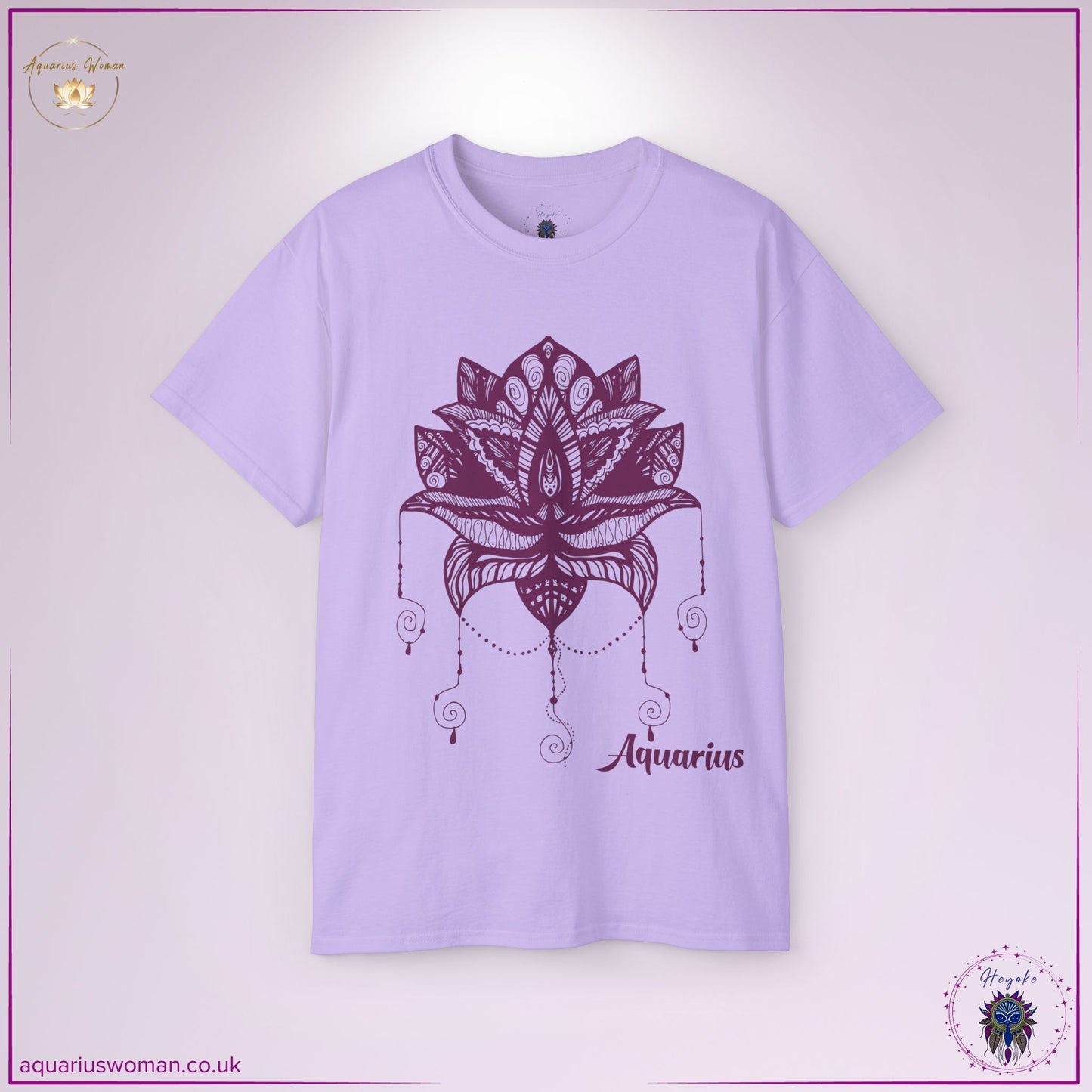 The Aquarius Ascension Tee in orchid purple resonates with the energy of intuition and enlightenment. Its ornate lotus and dreamcatcher design reflects the journey of spiritual seekers, aligning with the esoteric wisdom of Aquarius and the pursuit of higher consciousness.