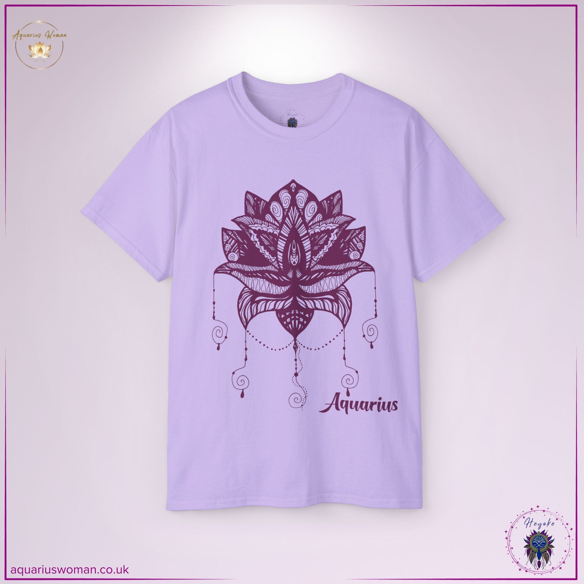 The Aquarius Ascension Tee in orchid purple resonates with the energy of intuition and enlightenment. Its ornate lotus and dreamcatcher design reflects the journey of spiritual seekers, aligning with the esoteric wisdom of Aquarius and the pursuit of higher consciousness.