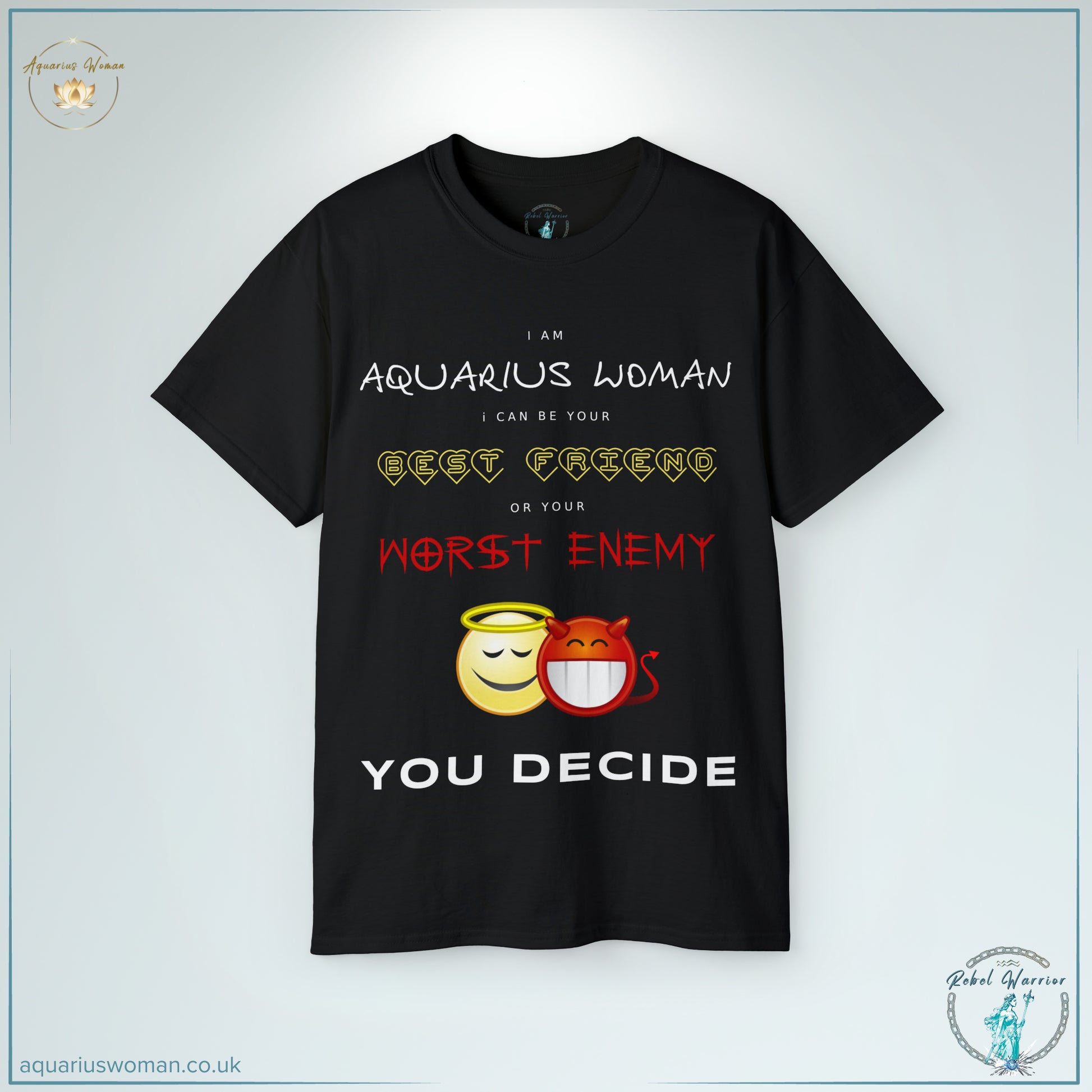 The Aquarius ‘Best Friend or Worst Enemy’ Tee in Black captures the rebellious nature of Aquarius women. With a witty angel and devil emoji contrast, this statement tee is perfect for those who embrace their fierce independence and sharp humour.