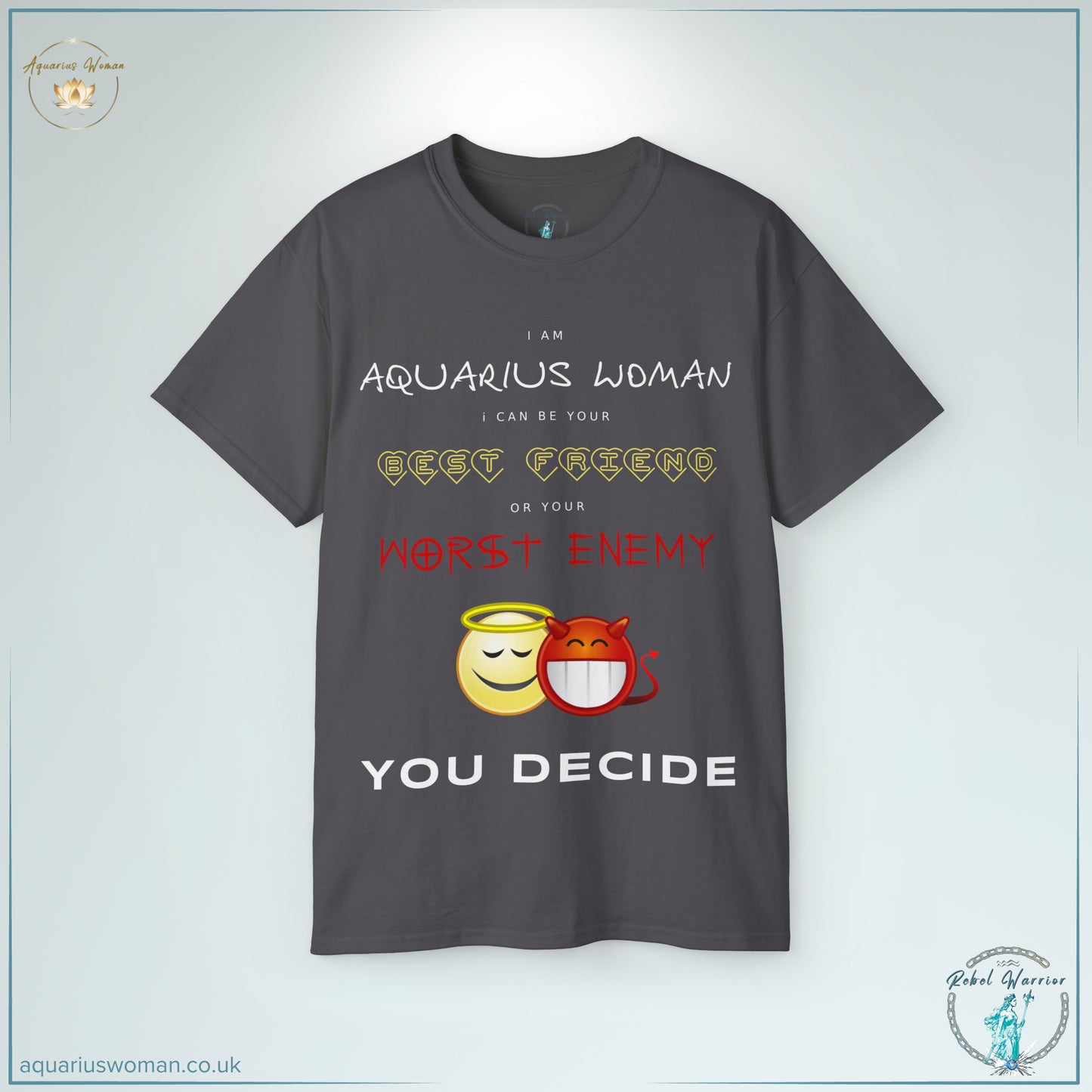The Aquarius ‘Best Friend or Worst Enemy’ Tee in Charcoal is a tribute to the Aquarius attitude—bold, honest, and fiercely loyal. Featuring cheeky angel and devil emoji graphics, this tee makes a confident and playful statement.