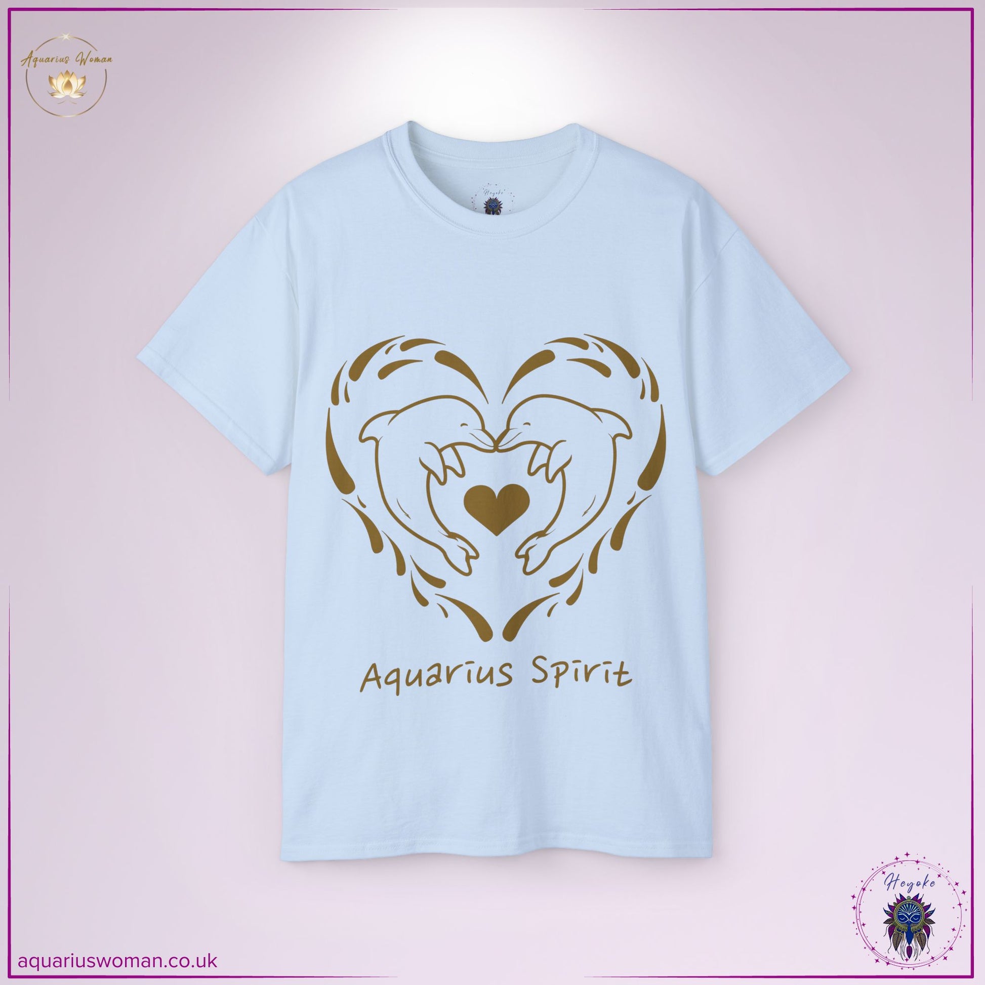 The Aquarius Spirit Dolphin Tee in light blue radiates a sense of calm, freedom, and cosmic flow. With two dolphins forming a sacred water heart, this design celebrates Aquarius’ intuitive energy, independence, and deep love for universal wisdom and connection.