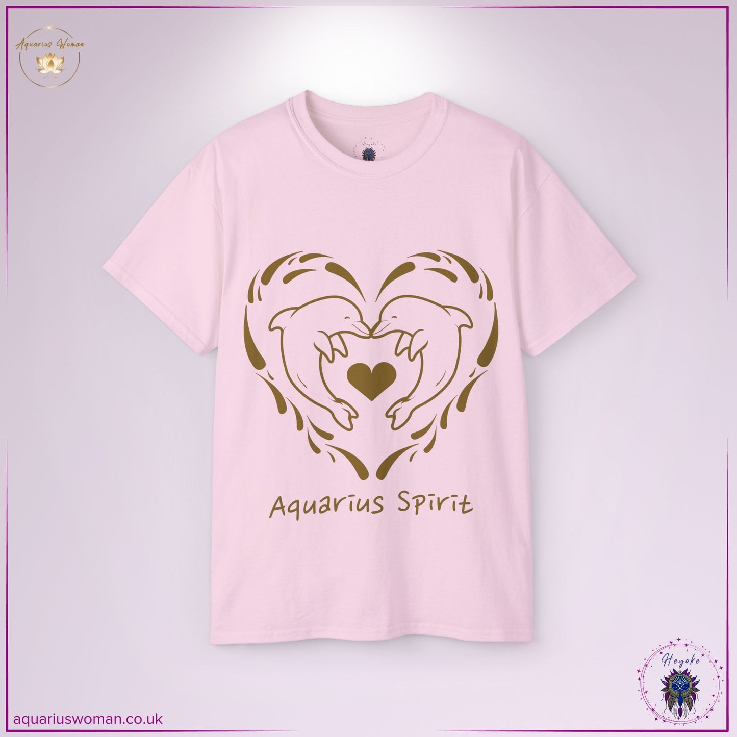 The Aquarius Spirit Dolphin Tee in soft pink reflects gentle love, spiritual connection, and the free-thinking nature of Aquarius. Featuring two dolphins in a fluid heart design, this piece symbolises wisdom, deep bonds, and an intuitive connection to the cosmos.
