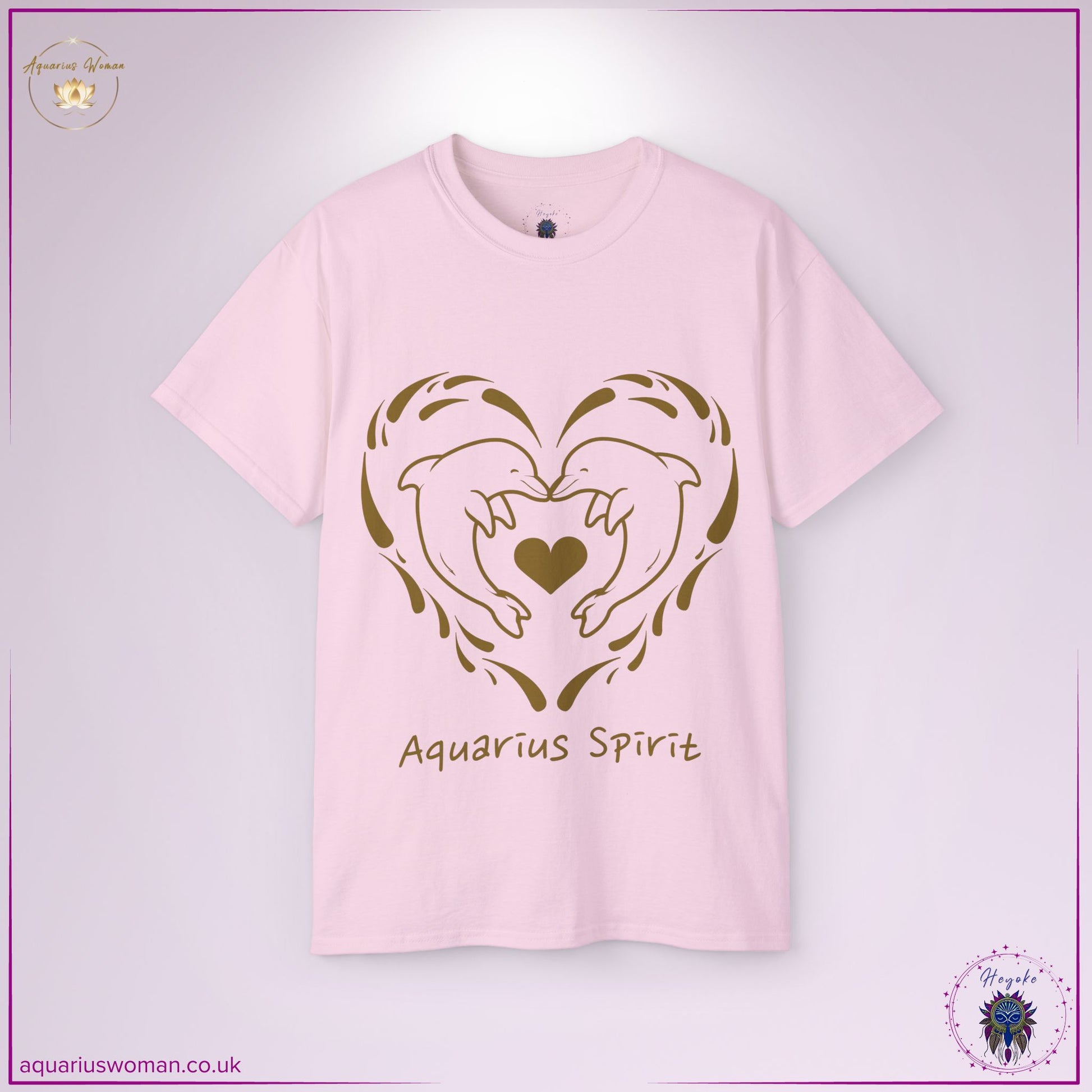 The Aquarius Spirit Dolphin Tee in soft pink reflects gentle love, spiritual connection, and the free-thinking nature of Aquarius. Featuring two dolphins in a fluid heart design, this piece symbolises wisdom, deep bonds, and an intuitive connection to the cosmos.