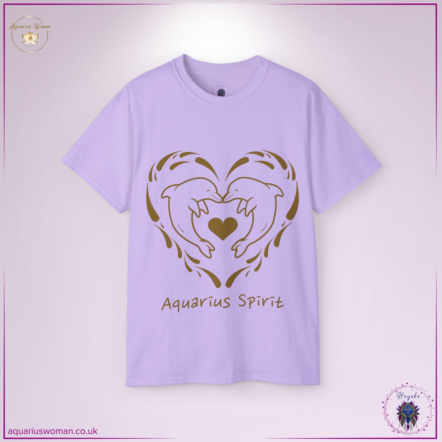 The Aquarius Spirit Dolphin Tee in orchid embodies mystical wisdom and emotional intelligence. Showcasing two dolphins creating a heart in a flowing water embrace, this design represents Aquarius’ ability to balance freedom, love, and universal knowledge.