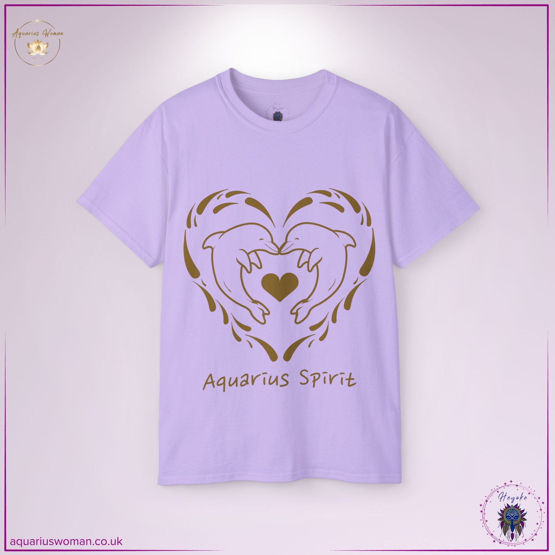 The Aquarius Spirit Dolphin Tee in orchid embodies mystical wisdom and emotional intelligence. Showcasing two dolphins creating a heart in a flowing water embrace, this design represents Aquarius’ ability to balance freedom, love, and universal knowledge.