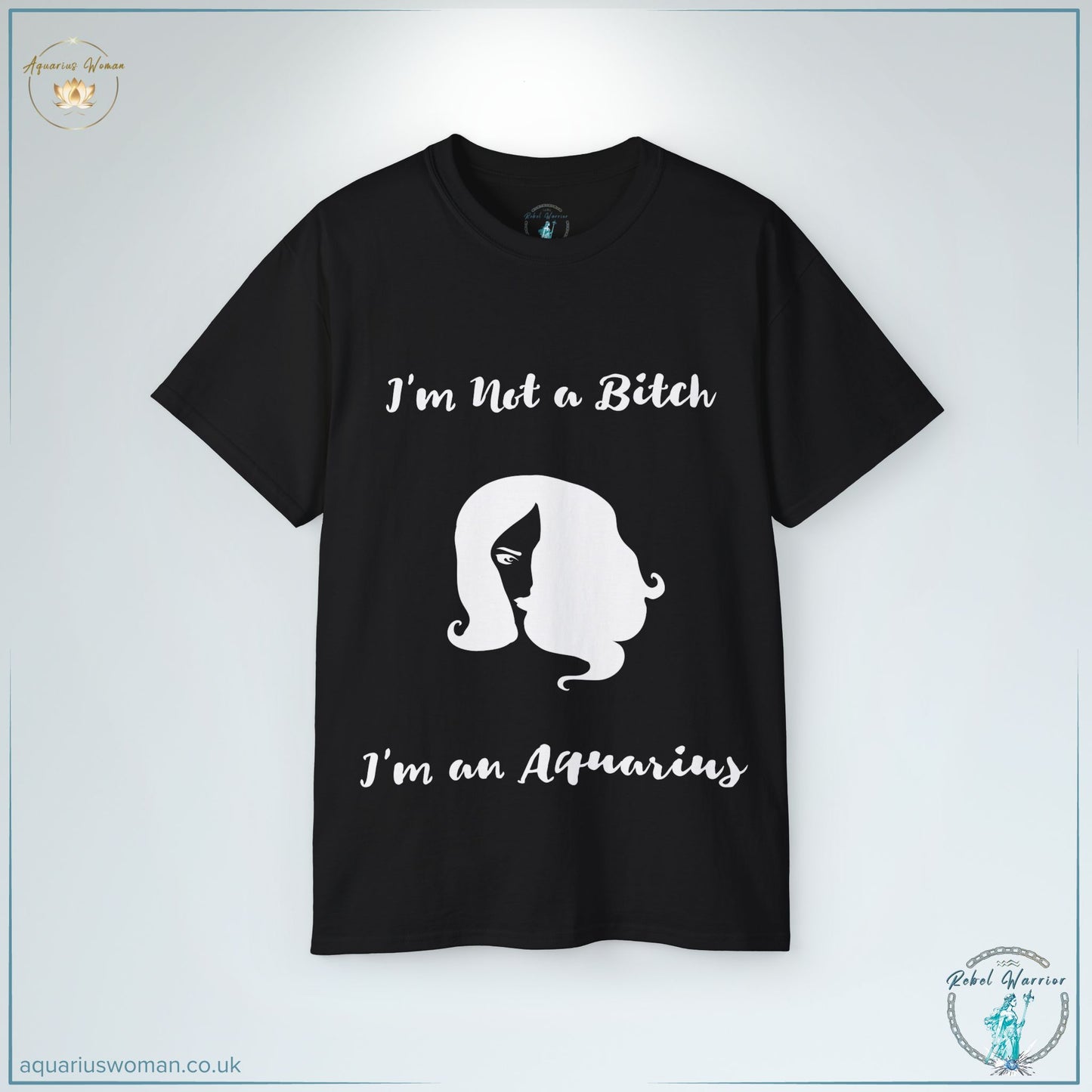 The ‘Unapologetically Aquarian’ Tee in Black is a bold statement of confidence and independence. Featuring the phrase ‘I’m Not a Bitch, I’m an Aquarius’ with a minimalist female silhouette, this design embodies the fierce and rebellious nature of Aquarius women.