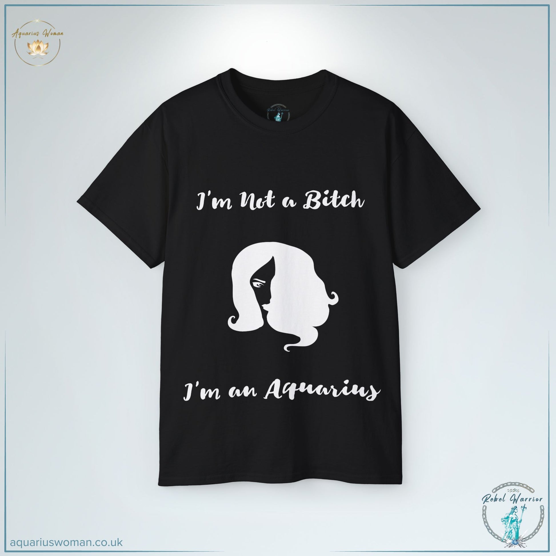 The ‘Unapologetically Aquarian’ Tee in Black is a bold statement of confidence and independence. Featuring the phrase ‘I’m Not a Bitch, I’m an Aquarius’ with a minimalist female silhouette, this design embodies the fierce and rebellious nature of Aquarius women.