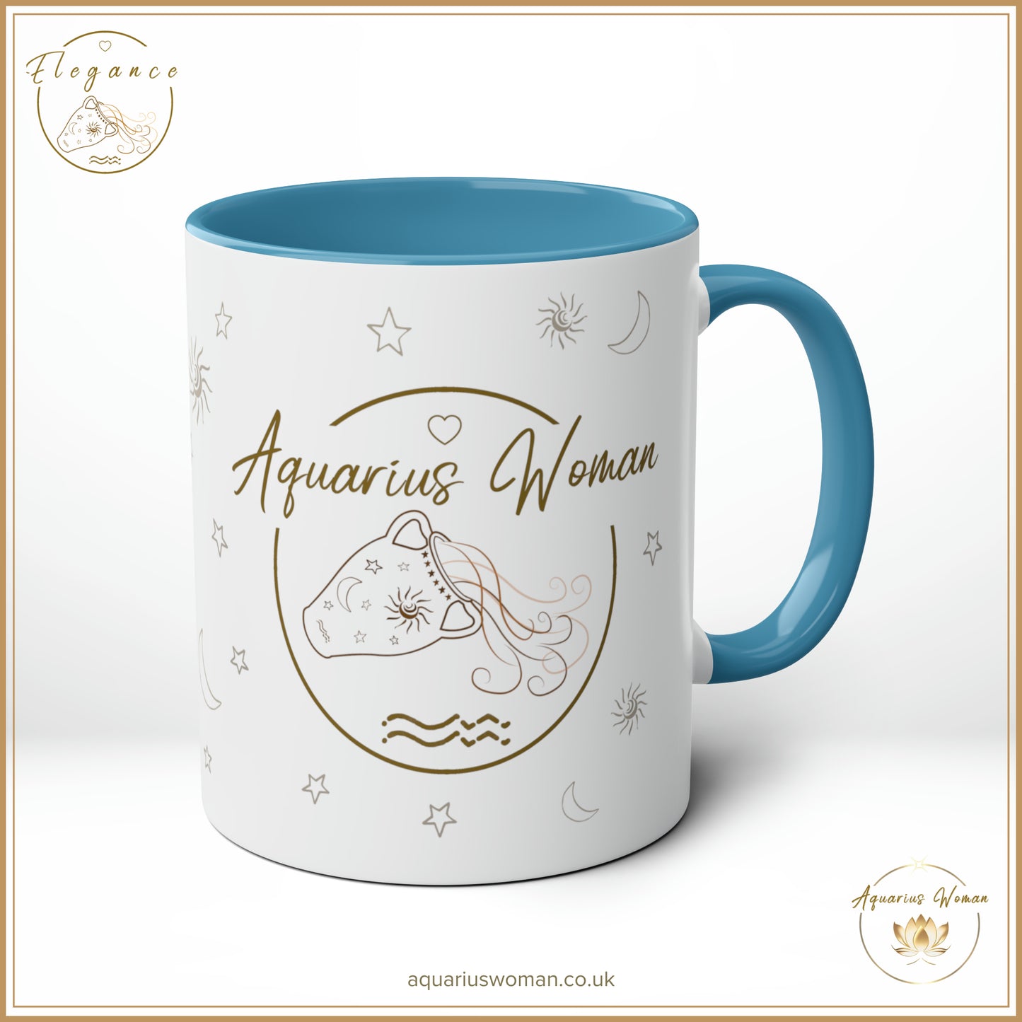 The Aquarius Woman Elegance Mug in Blue blends celestial minimalism with refined sophistication. Featuring the Aquarius Woman logo, this premium ceramic mug represents grace, resilience, and inner beauty, making it a perfect addition to your daily rituals.