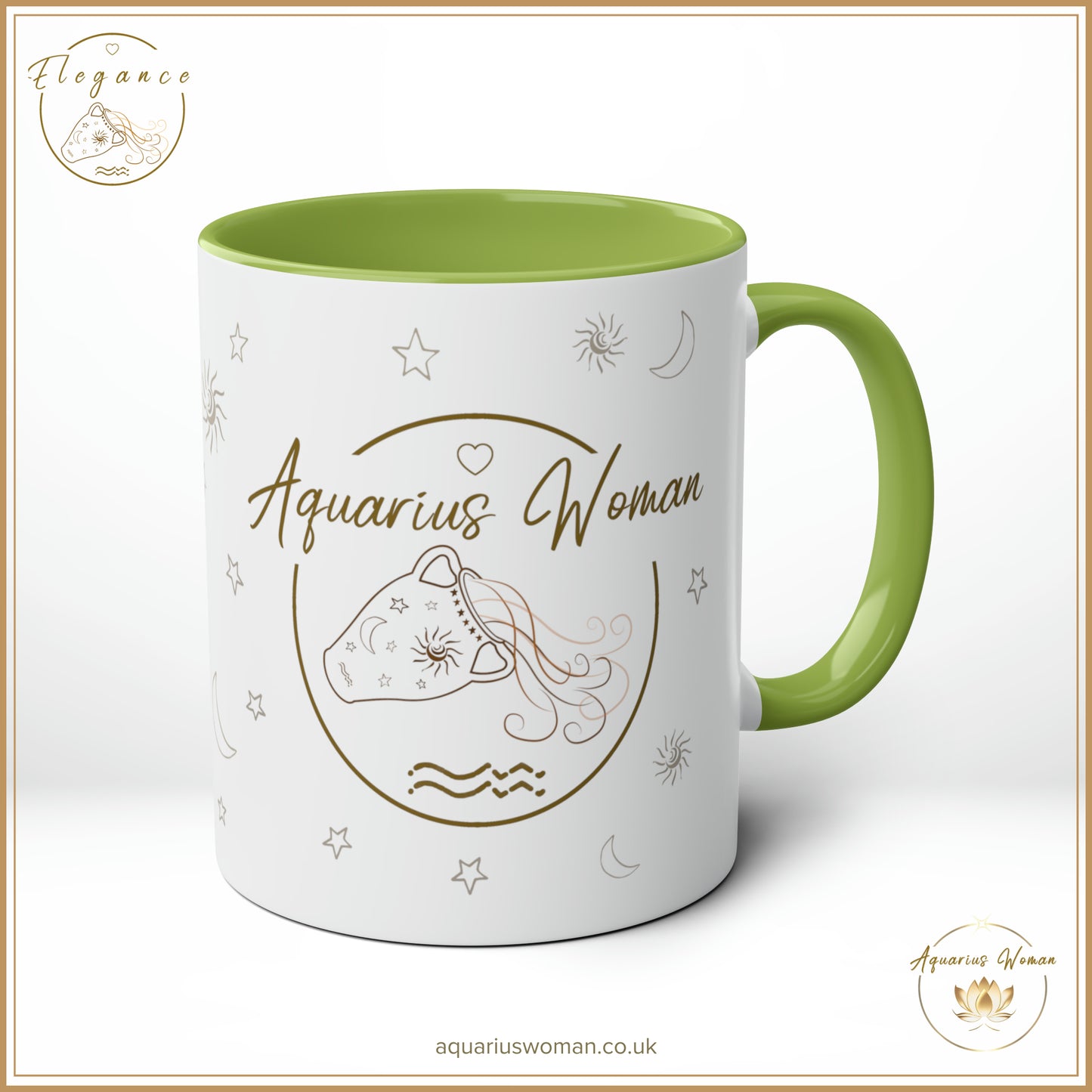 The Aquarius Woman Elegance Mug in Green symbolises harmony and balance. Designed with minimalist celestial elements, this mug celebrates quiet strength and the elegance of perseverance, embodying the Aquarius Woman's enduring spirit.