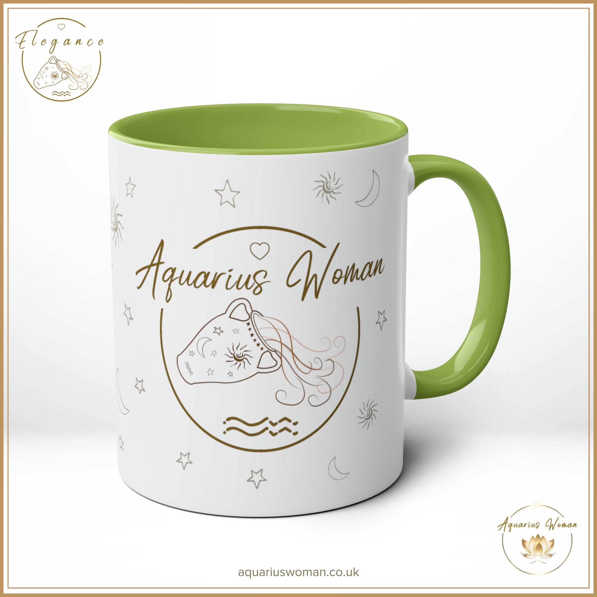The Aquarius Woman Elegance Mug in Green symbolises harmony and balance. Designed with minimalist celestial elements, this mug celebrates quiet strength and the elegance of perseverance, embodying the Aquarius Woman's enduring spirit.