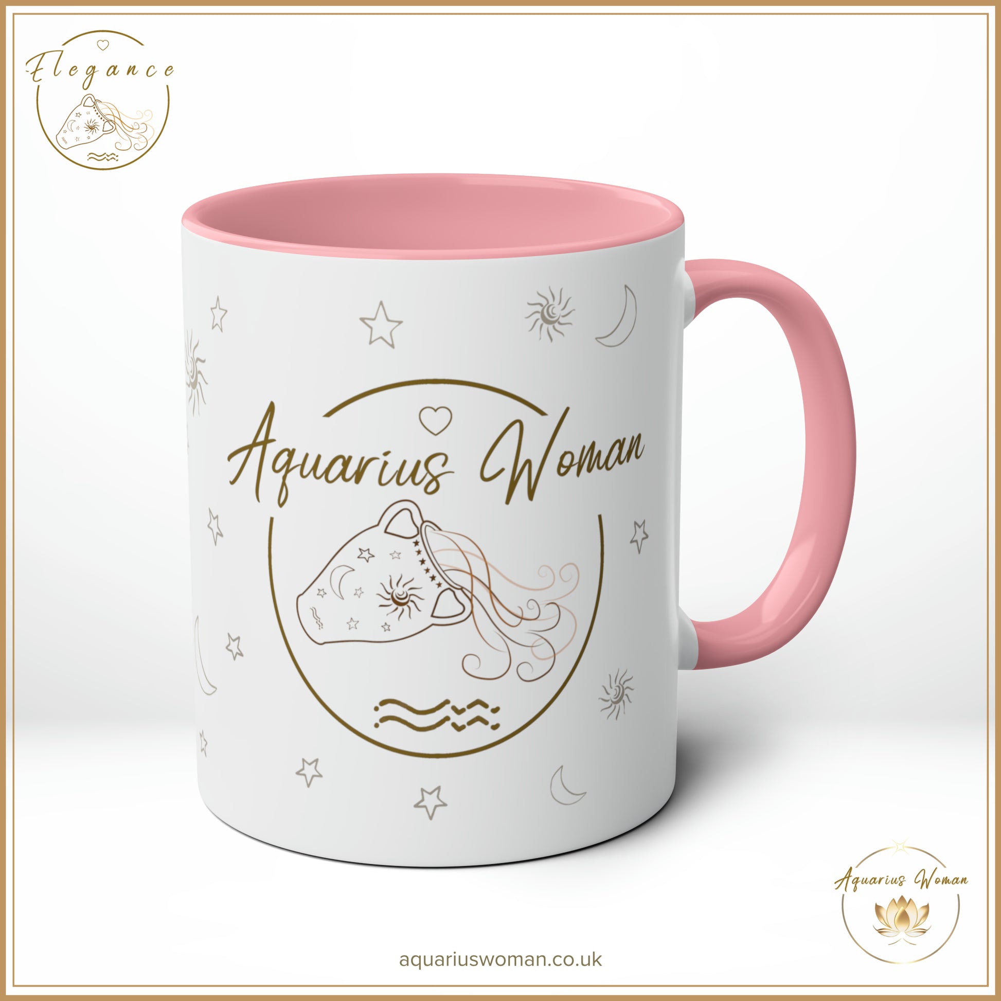 The Aquarius Woman Elegance Mug in Pink embodies feminine grace and self-love. With an artistic celestial-inspired design, this two-tone ceramic mug is a stylish reminder of resilience, beauty, and the strength within.