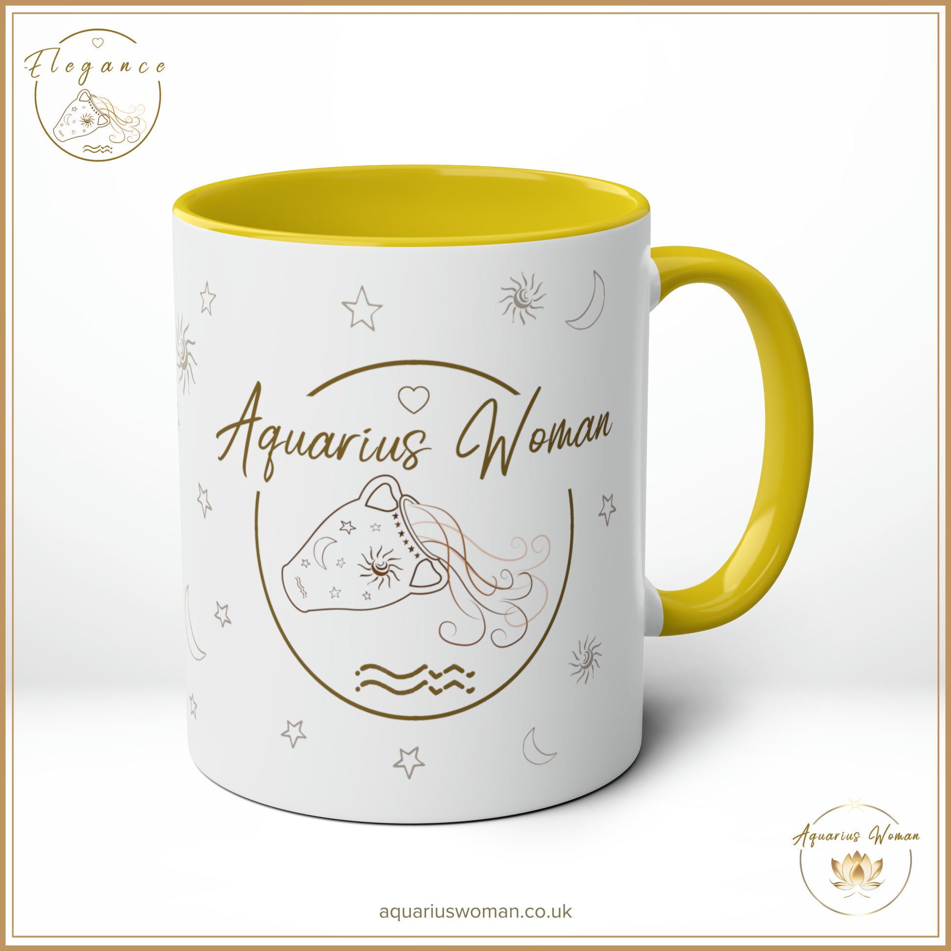 The Aquarius Woman Elegance Mug in Yellow radiates warmth and positivity. Crafted with celestial line-art and a sophisticated aesthetic, this mug is perfect for those who embrace transformation, self-worth, and the elegance of survival.