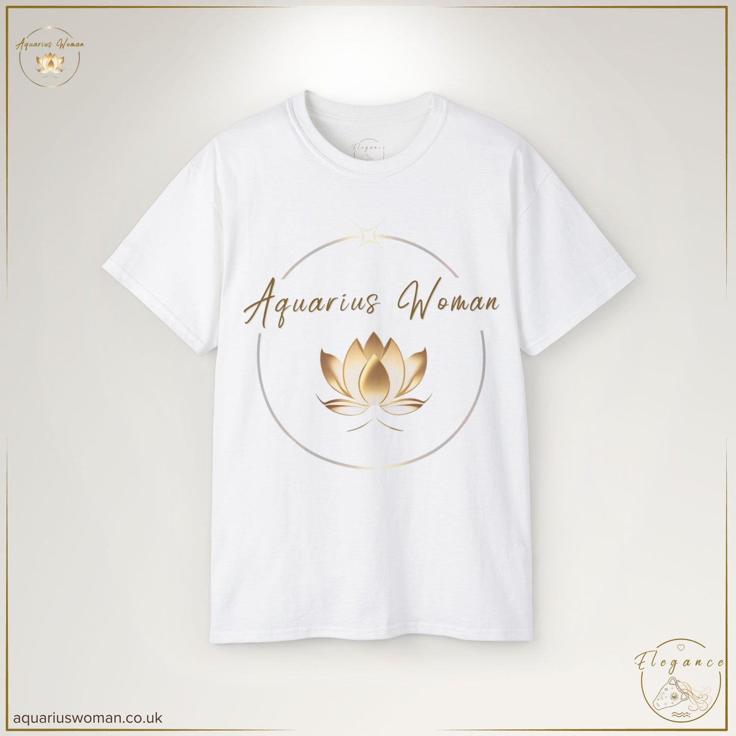 The Aquarius Woman Logo Tee in White from the Elegance Collection embodies resilience, grace, and transformation. Featuring a refined gold lotus emblem, symbolising triumph and strength, this minimalist design captures the essence of quiet confidence and radiant beauty. A timeless statement of empowerment and survival, perfect for those who shine even in darkness.