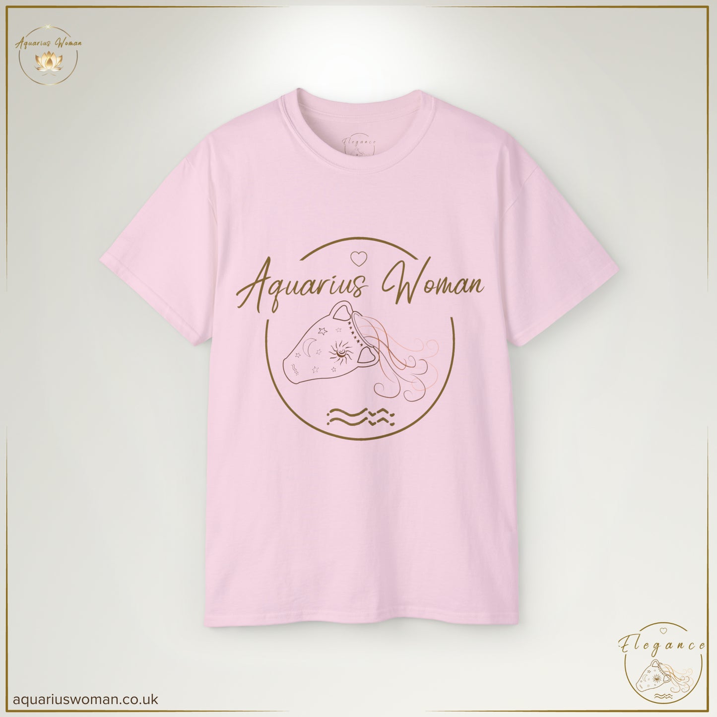 The ‘Aquarius Woman Original Logo’ Tee in Light Pink showcases a hand-drawn water jug with celestial details, symbolising knowledge, renewal, and the enlightened nature of the Aquarius Woman.