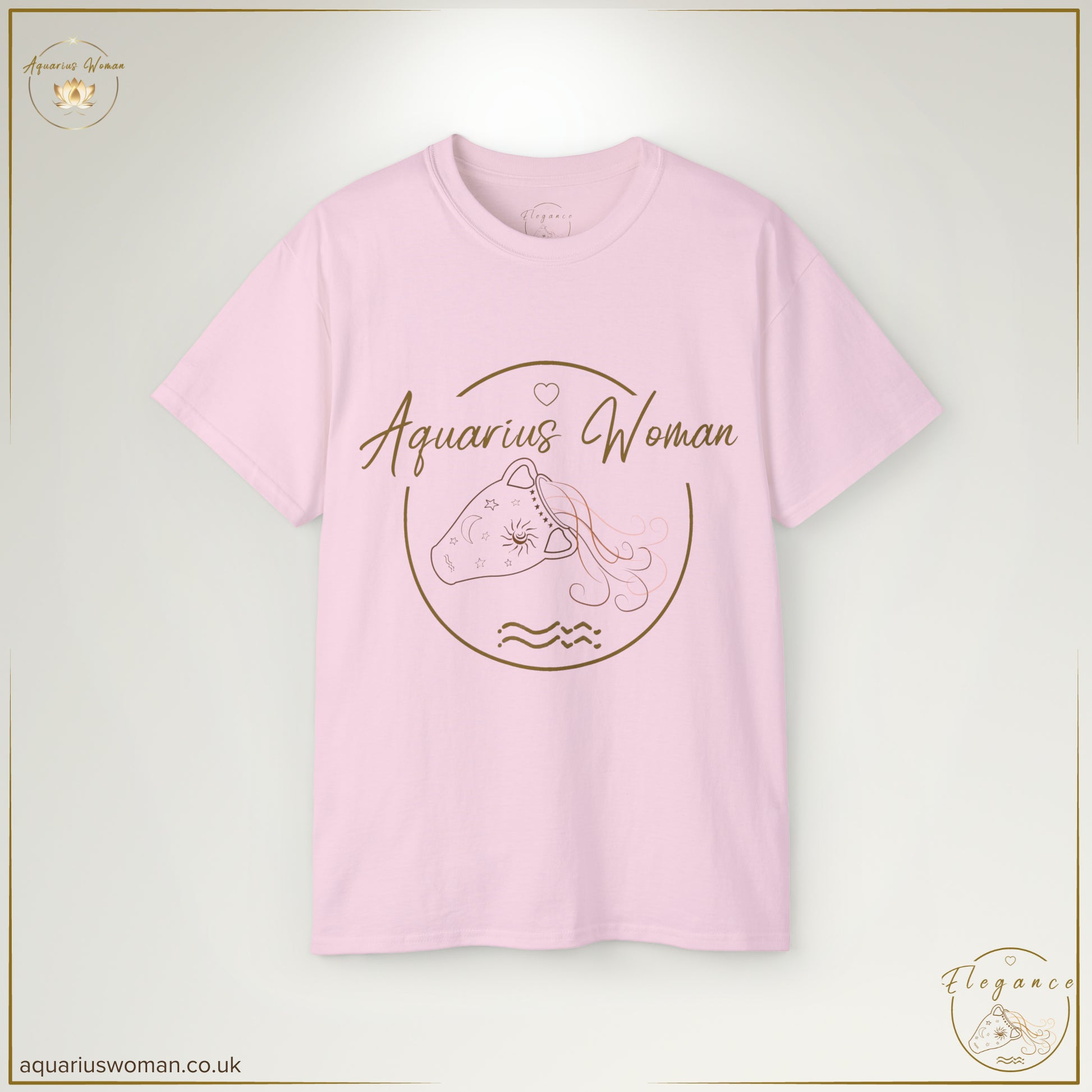 The ‘Aquarius Woman Original Logo’ Tee in Light Pink showcases a hand-drawn water jug with celestial details, symbolising knowledge, renewal, and the enlightened nature of the Aquarius Woman.