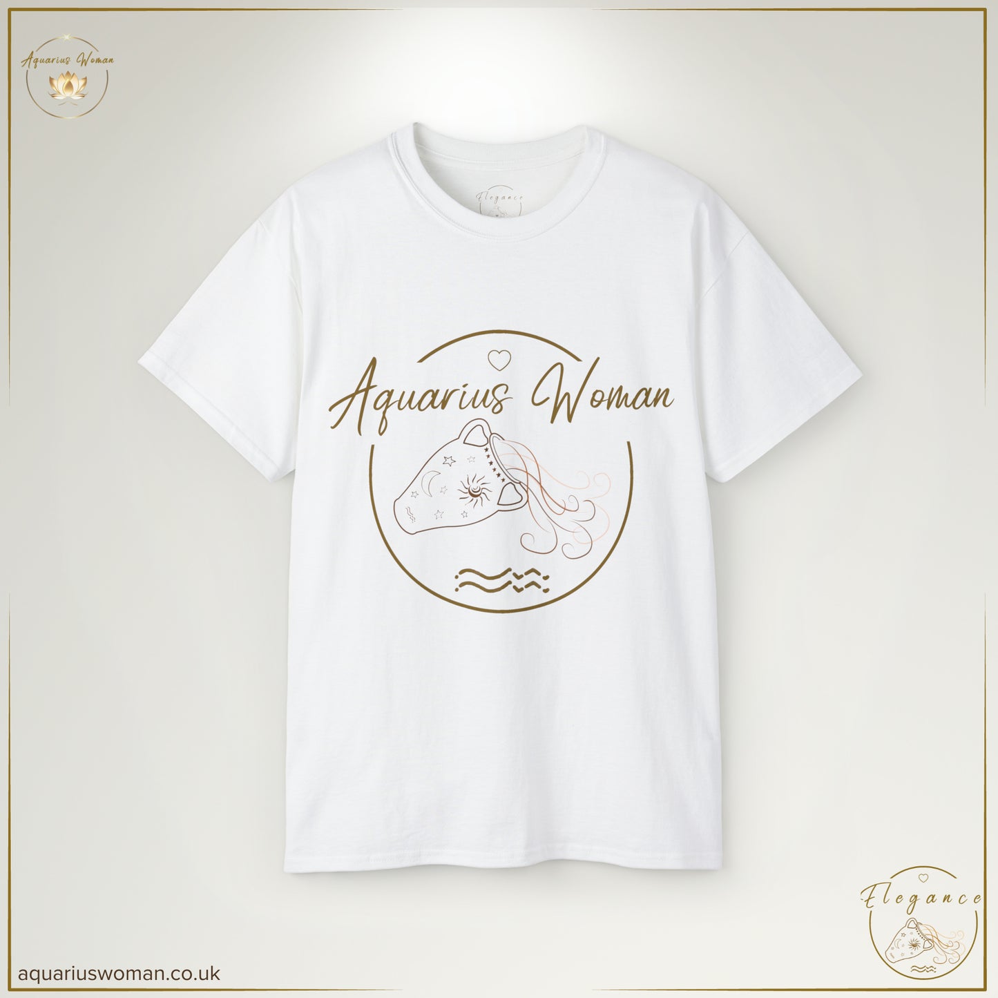 The ‘Aquarius Woman Original Logo’ Tee in White features an elegant, minimalist water jug design with celestial accents. A refined tribute to the wisdom, creativity, and visionary spirit of Aquarius women.