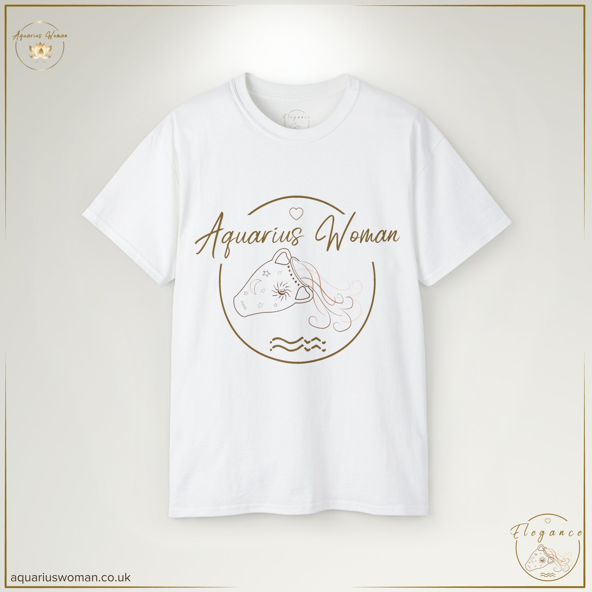 The ‘Aquarius Woman Original Logo’ Tee in White features an elegant, minimalist water jug design with celestial accents. A refined tribute to the wisdom, creativity, and visionary spirit of Aquarius women.