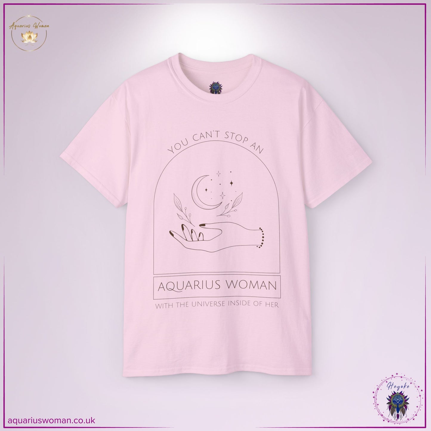 The Aquarius Woman Universe Tee in Light Pink embodies divine feminine energy with a soft, celestial design. Showcasing a minimalist moon and hand illustration, this empowering tee represents cosmic wisdom, self-sovereignty, and the infinite power of the Aquarian spirit.