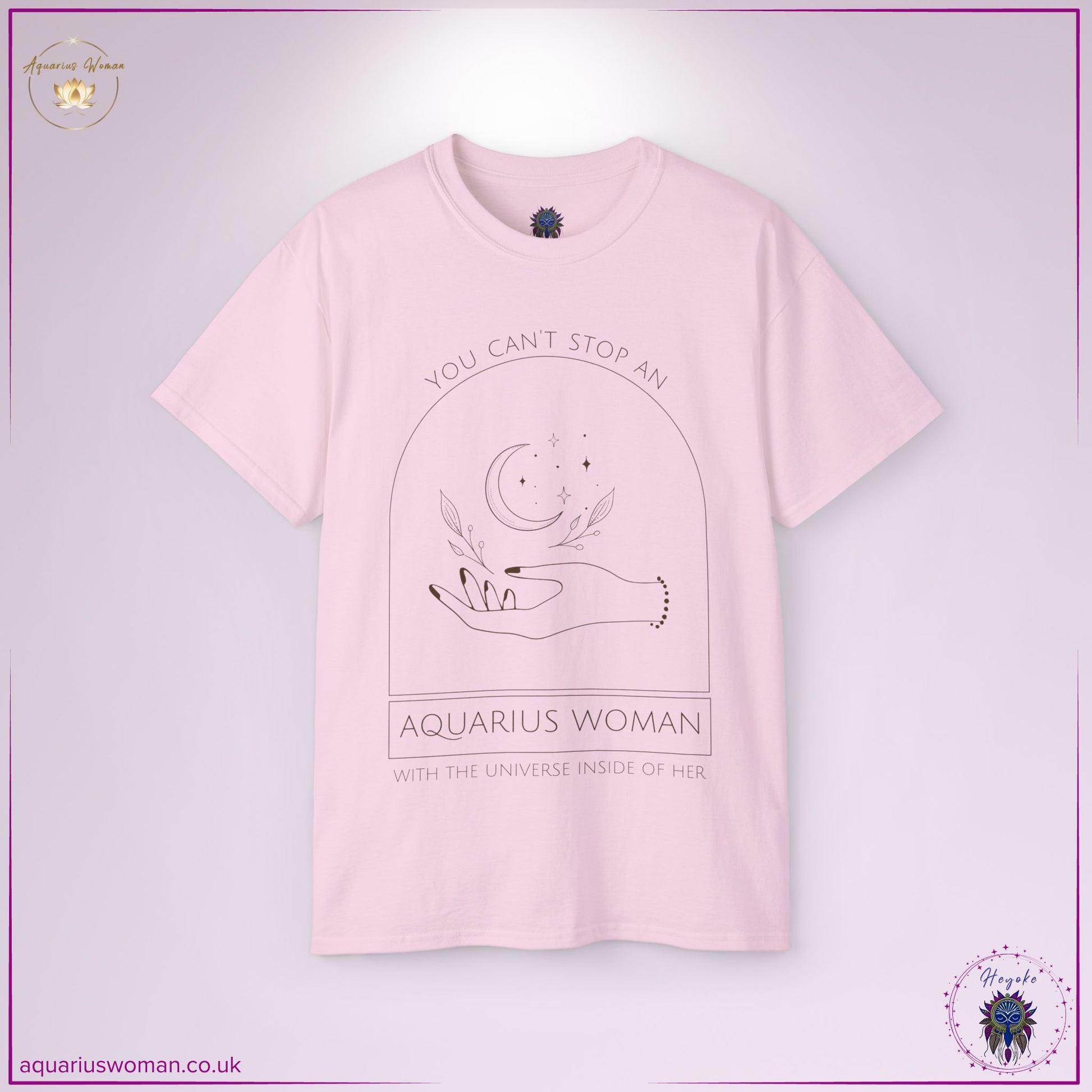 The Aquarius Woman Universe Tee in Light Pink embodies divine feminine energy with a soft, celestial design. Showcasing a minimalist moon and hand illustration, this empowering tee represents cosmic wisdom, self-sovereignty, and the infinite power of the Aquarian spirit.