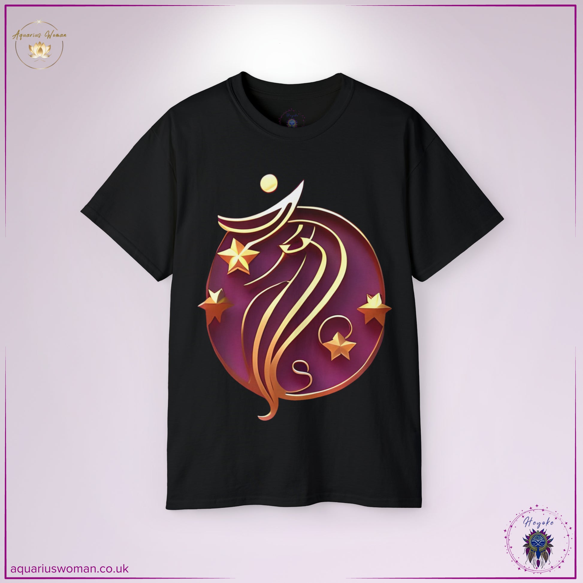 The Aquarius Woman Zodiac Tee in Black is a bold statement of cosmic intelligence and individual power. Showcasing a luminous Aquarius symbol surrounded by celestial stars, this design reflects innovation, intuition, and limitless imagination.