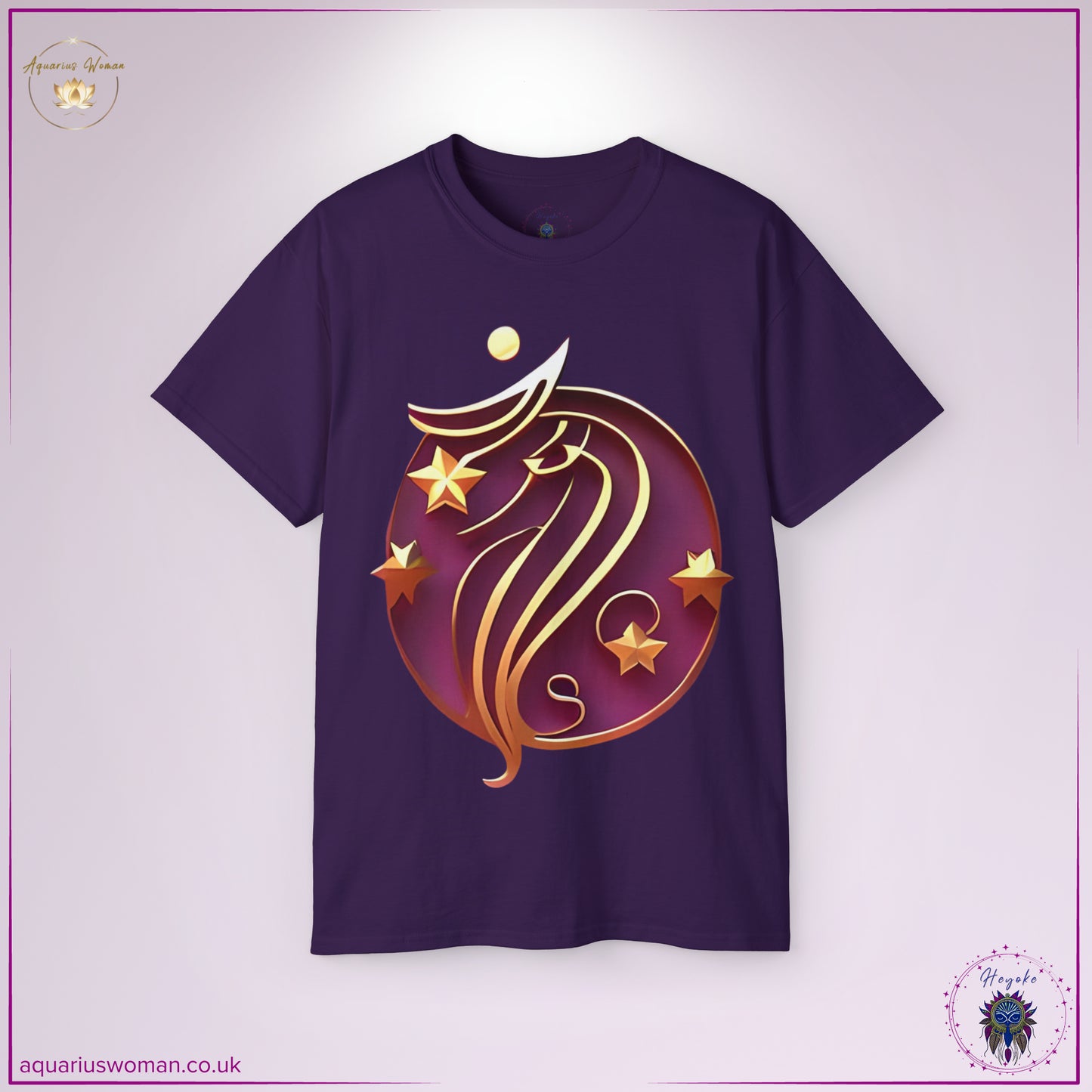 The Aquarius Woman Zodiac Tee in Purple channels mysticism and deep wisdom. Adorned with a golden Aquarius emblem and shimmering celestial stars, this design symbolises spiritual evolution, higher consciousness, and boundless creativity.